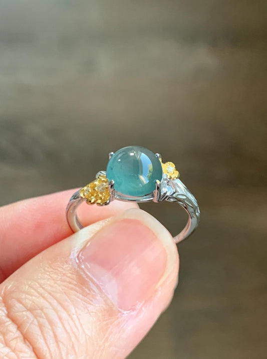 Natural Guatemalan Icy Highly Translucent Teal Jade Jadeite Cherry Blossom Branch Ring Sterling Silver Adjustable 天然冰危深蓝起光翡翠梅花枝戒指 MH203A