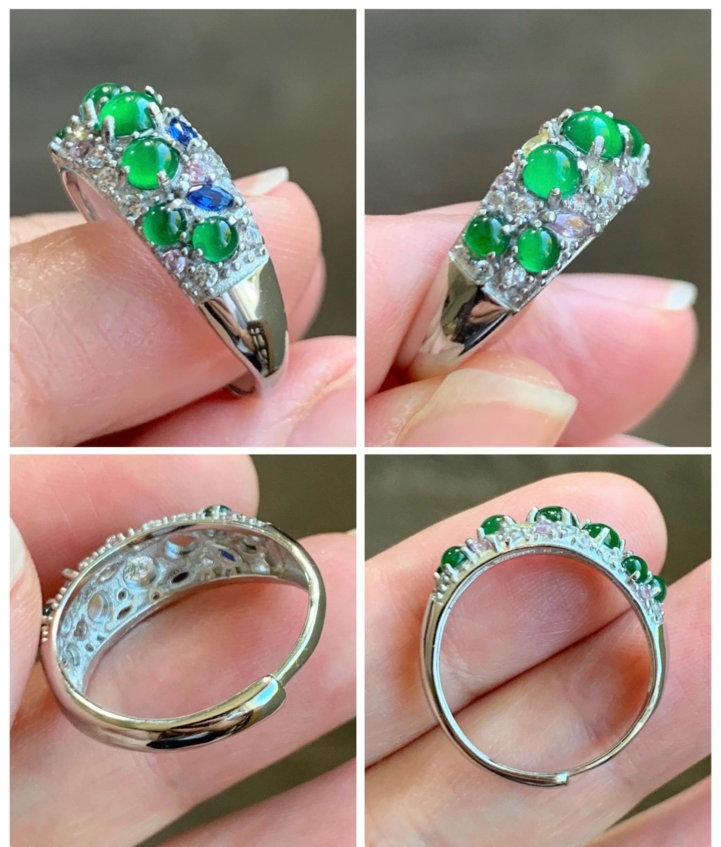 Natural Grade A Guatemalan Icy Translucent Vibrant Green Jade Jadeite Band Ring Sterling Silver Size 7 Adjustable 天然冰危绿翡翠花开富贵银镶戒指 HKFG96