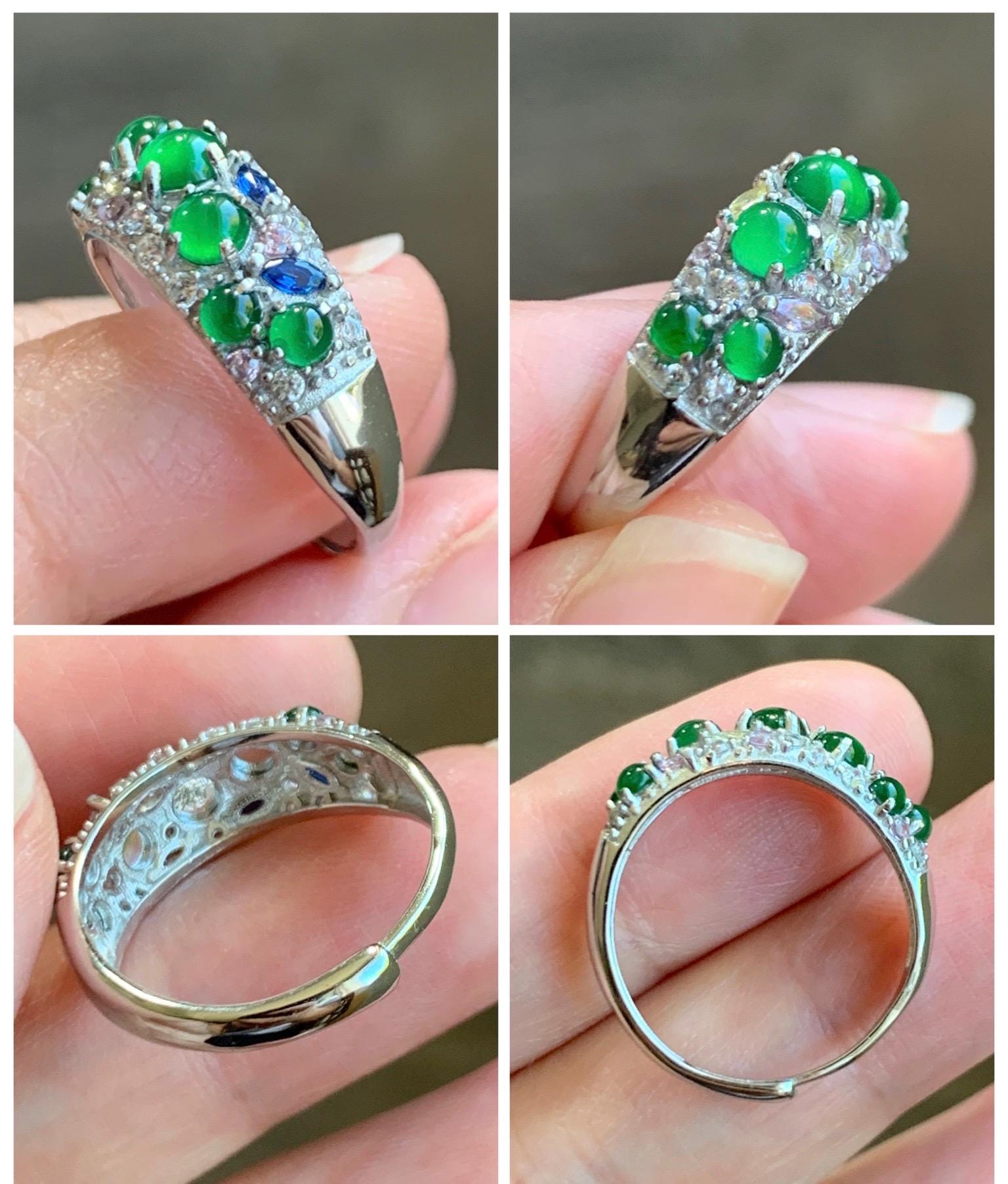 Natural Grade A Guatemalan Icy Translucent Vibrant Green Jade Jadeite Band Ring Sterling Silver Size 7 Adjustable 天然冰危绿翡翠花开富贵银镶戒指 HKFG96
