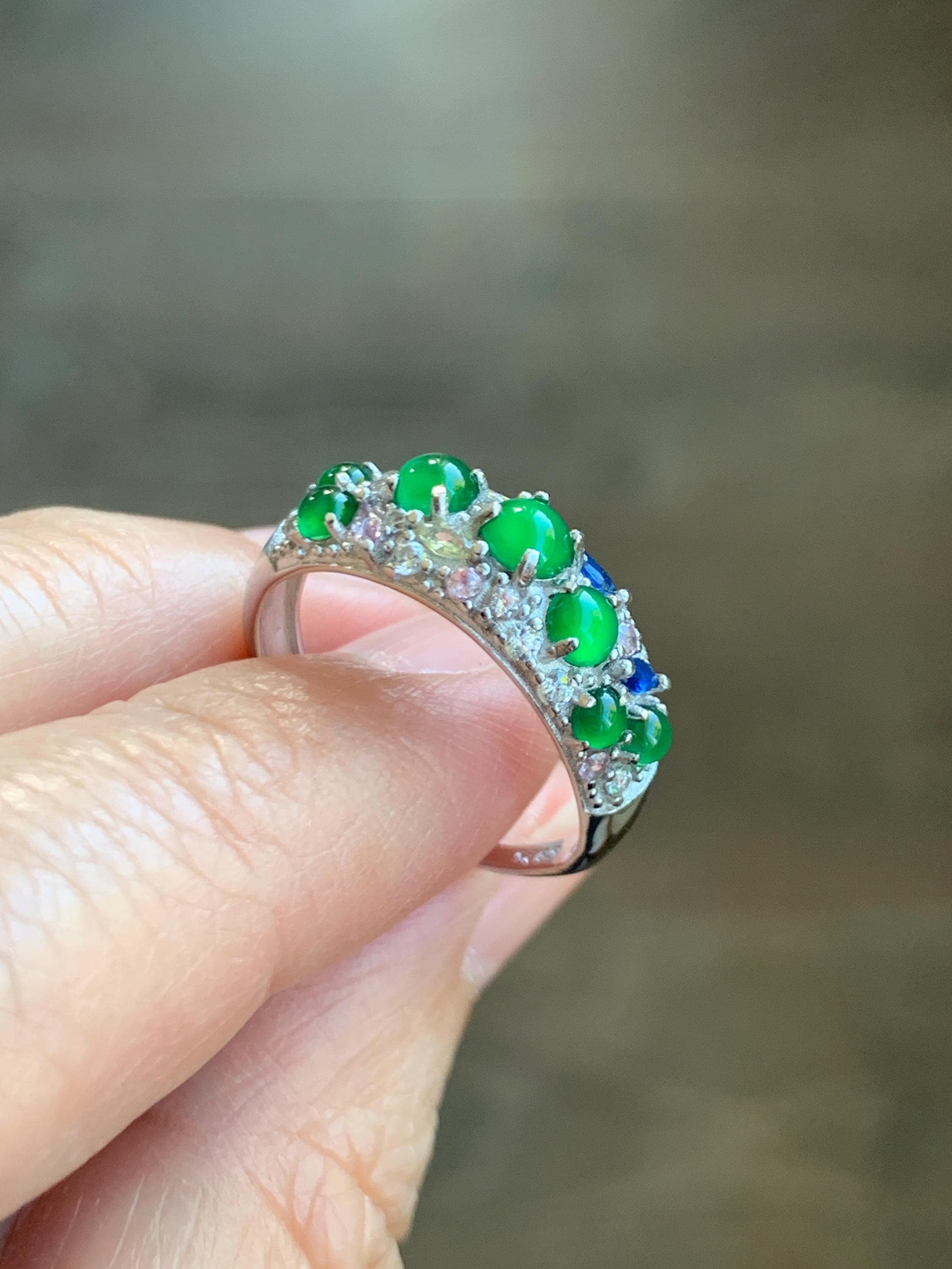 Natural Grade A Guatemalan Icy Translucent Vibrant Green Jade Jadeite Band Ring Sterling Silver Size 7 Adjustable 天然冰危绿翡翠花开富贵银镶戒指 HKFG96