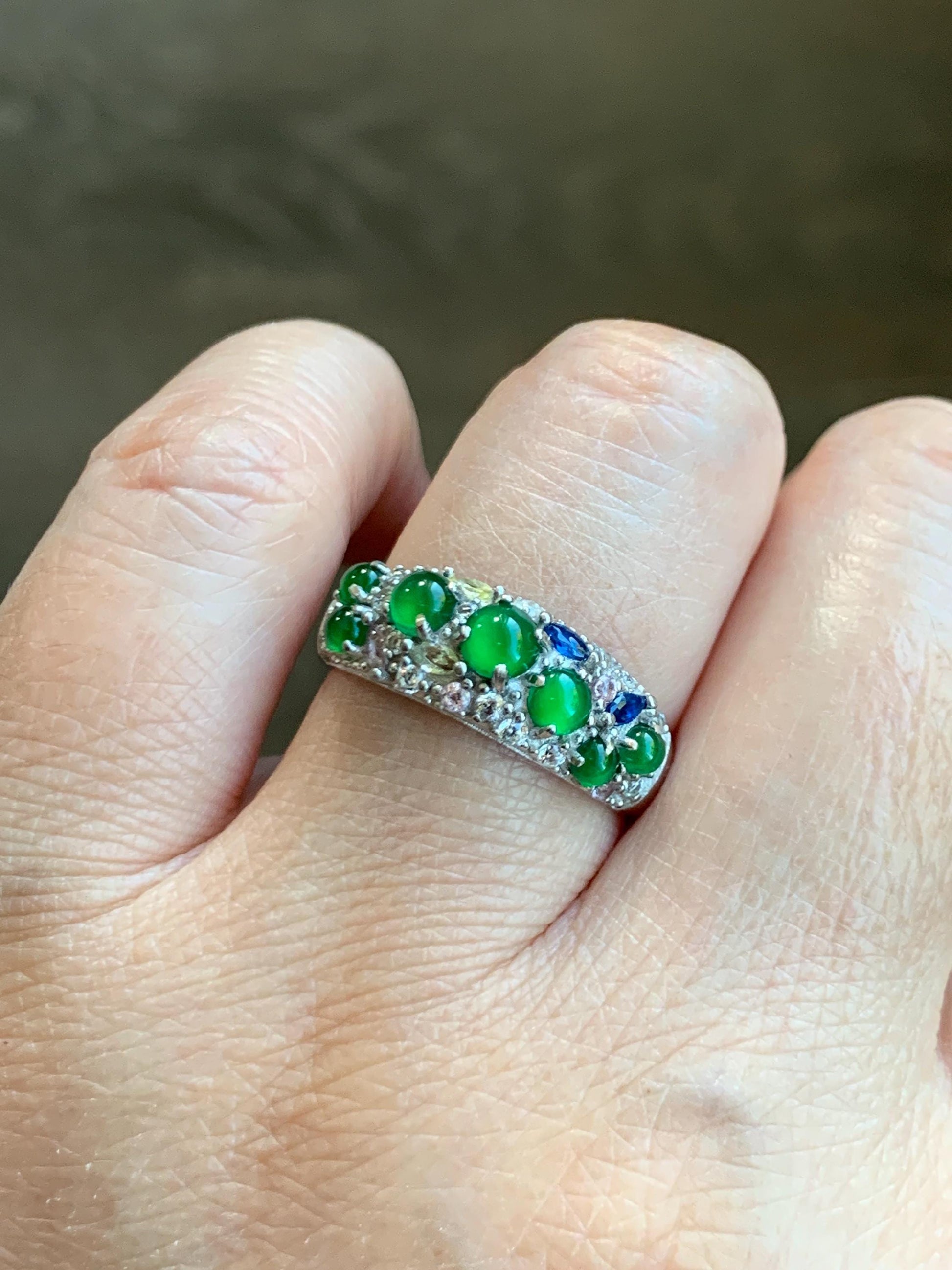 Natural Grade A Guatemalan Icy Translucent Vibrant Green Jade Jadeite Band Ring Sterling Silver Size 7 Adjustable 天然冰危绿翡翠花开富贵银镶戒指 HKFG96