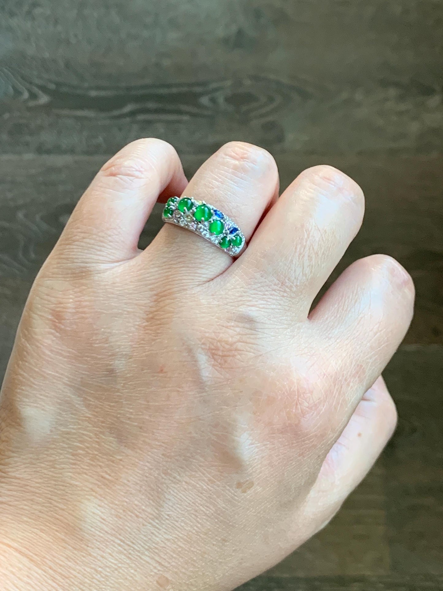 Natural Grade A Guatemalan Icy Translucent Vibrant Green Jade Jadeite Band Ring Sterling Silver Size 7 Adjustable 天然冰危绿翡翠花开富贵银镶戒指 HKFG96
