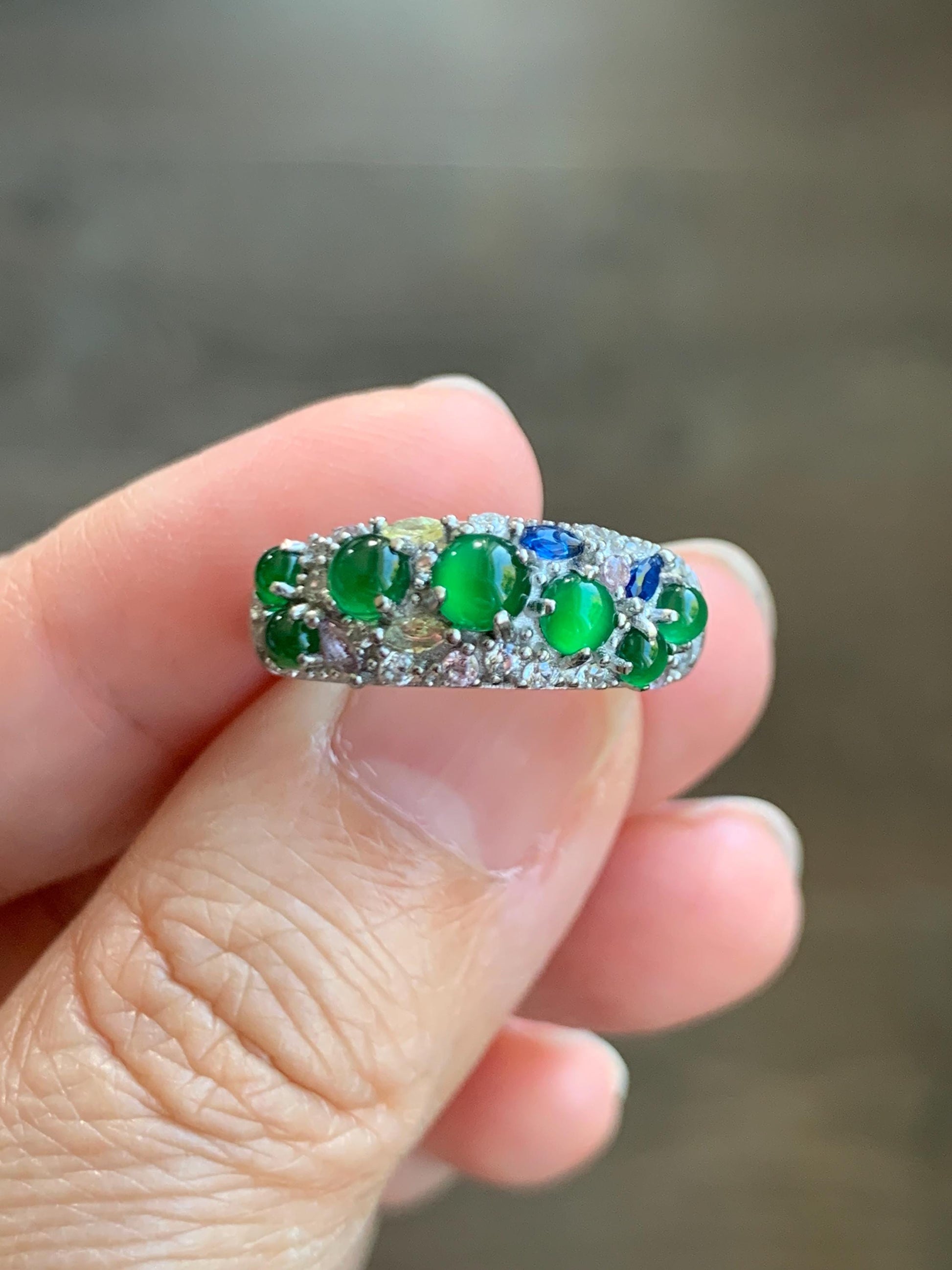 Natural Grade A Guatemalan Icy Translucent Vibrant Green Jade Jadeite Band Ring Sterling Silver Size 7 Adjustable 天然冰危绿翡翠花开富贵银镶戒指 HKFG96