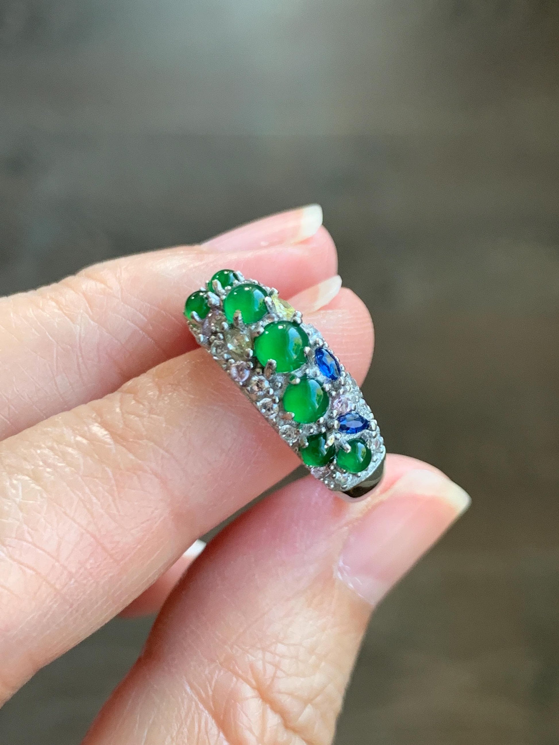 Natural Grade A Guatemalan Icy Translucent Vibrant Green Jade Jadeite Band Ring Sterling Silver Size 7 Adjustable 天然冰危绿翡翠花开富贵银镶戒指 HKFG96