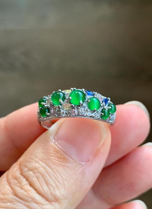 Natural Grade A Guatemalan Icy Translucent Vibrant Green Jade Jadeite Band Ring Sterling Silver Size 7 Adjustable 天然冰危绿翡翠花开富贵银镶戒指 HKFG96
