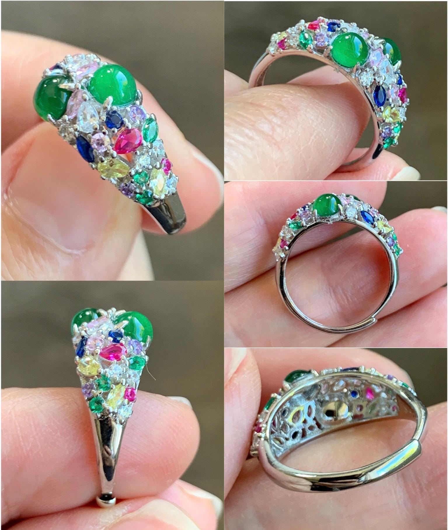 Natural Grade A Guatemalan Icy Translucent Vibrant Green Jade Jadeite Band Ring Sterling Silver Size 6.5 Adjustable 天然冰危绿翡翠花开富贵银镶戒指 HKFG88