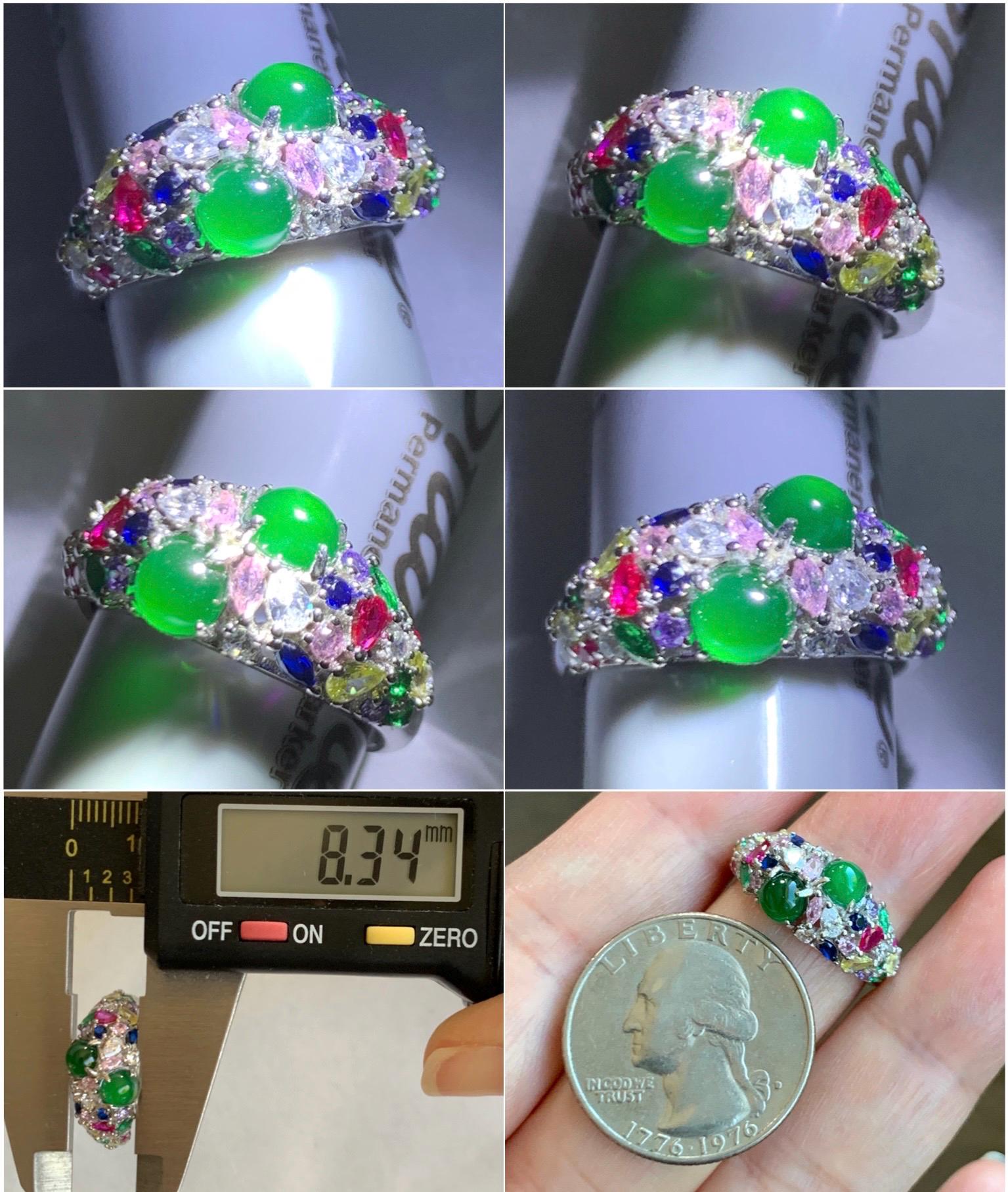 Natural Grade A Guatemalan Icy Translucent Vibrant Green Jade Jadeite Band Ring Sterling Silver Size 6.5 Adjustable 天然冰危绿翡翠花开富贵银镶戒指 HKFG88