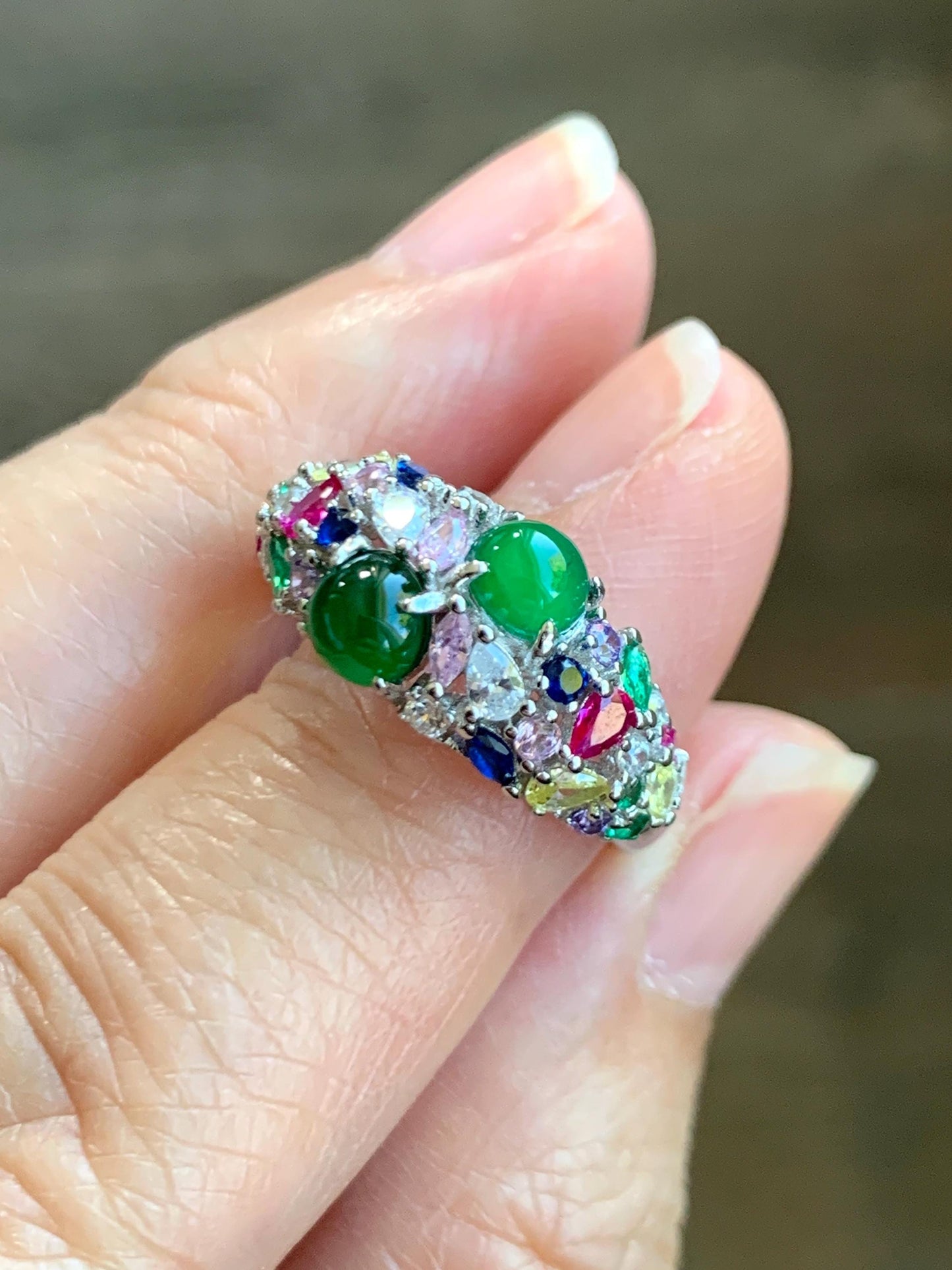Natural Grade A Guatemalan Icy Translucent Vibrant Green Jade Jadeite Band Ring Sterling Silver Size 6.5 Adjustable 天然冰危绿翡翠花开富贵银镶戒指 HKFG88