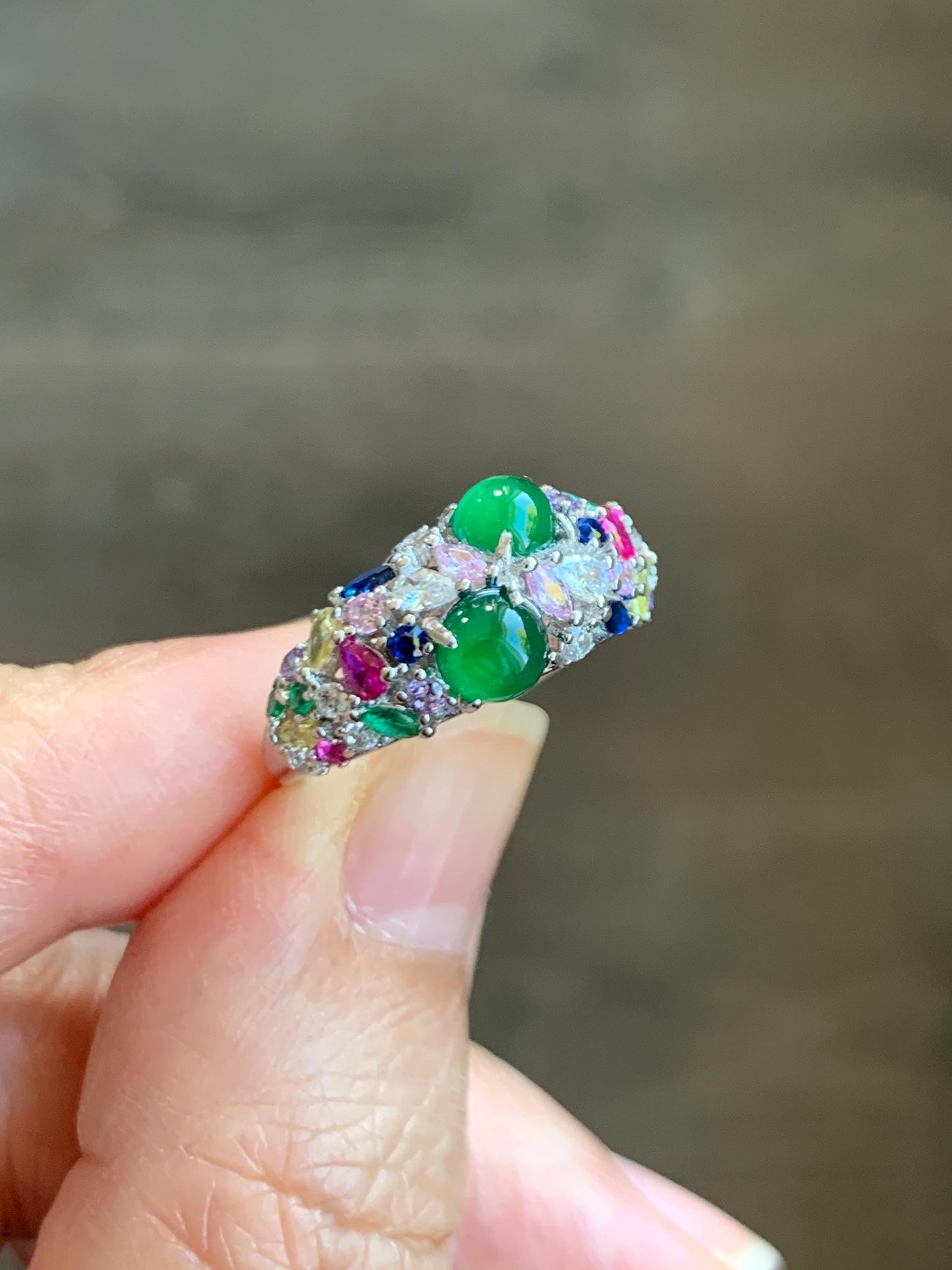 Natural Grade A Guatemalan Icy Translucent Vibrant Green Jade Jadeite Band Ring Sterling Silver Size 6.5 Adjustable 天然冰危绿翡翠花开富贵银镶戒指 HKFG88