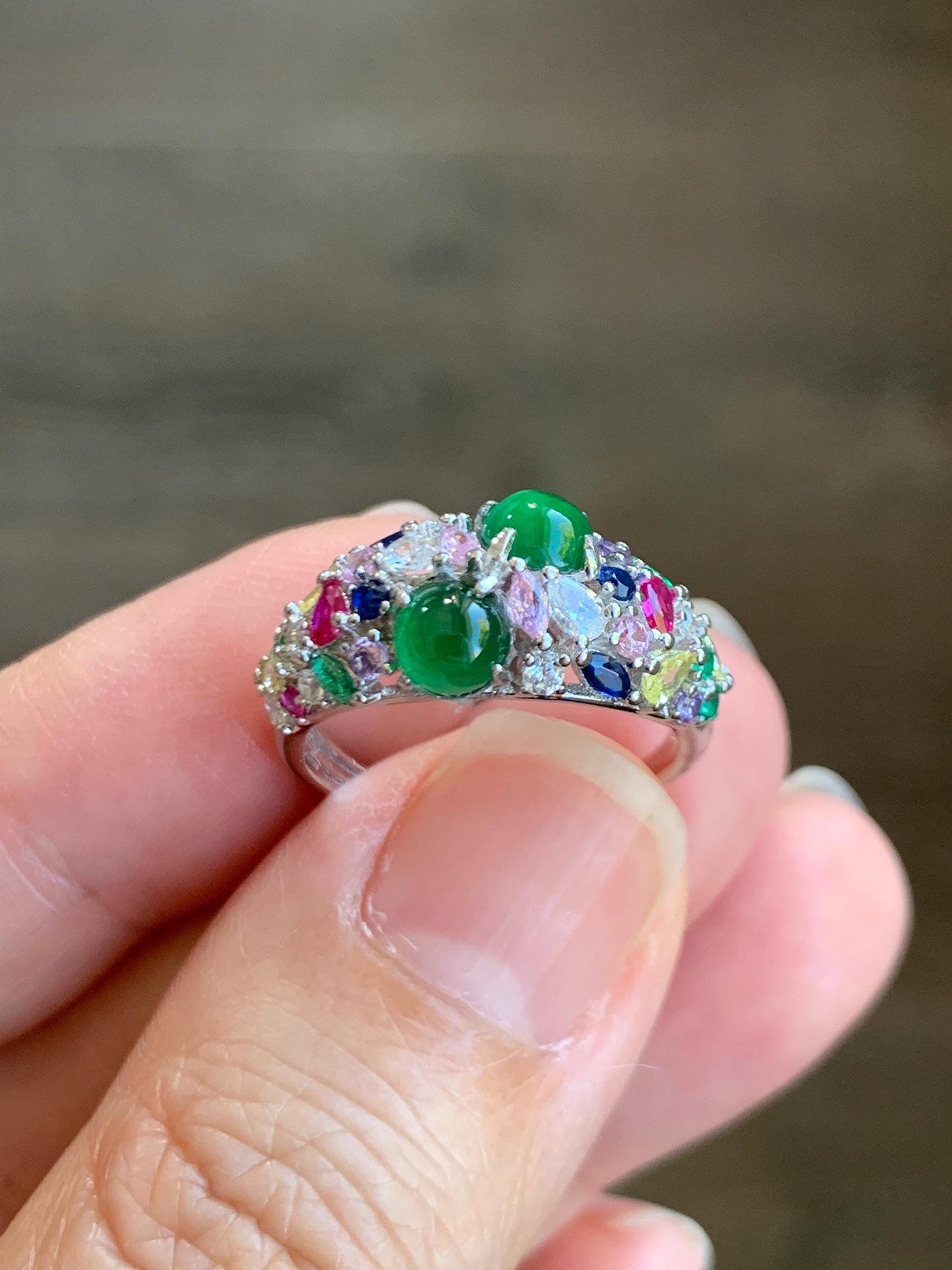 Natural Grade A Guatemalan Icy Translucent Vibrant Green Jade Jadeite Band Ring Sterling Silver Size 6.5 Adjustable 天然冰危绿翡翠花开富贵银镶戒指 HKFG88