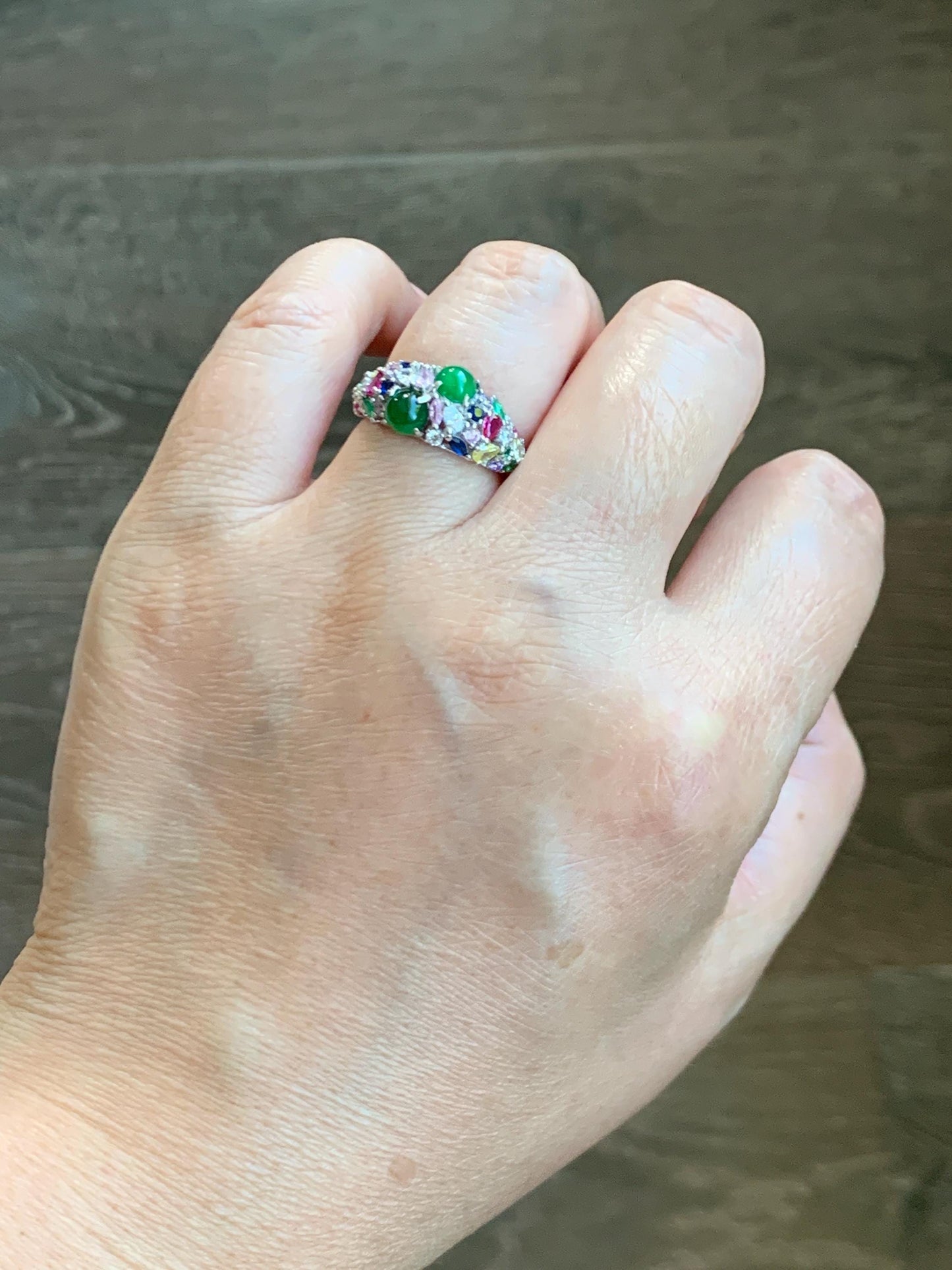 Natural Grade A Guatemalan Icy Translucent Vibrant Green Jade Jadeite Band Ring Sterling Silver Size 6.5 Adjustable 天然冰危绿翡翠花开富贵银镶戒指 HKFG88