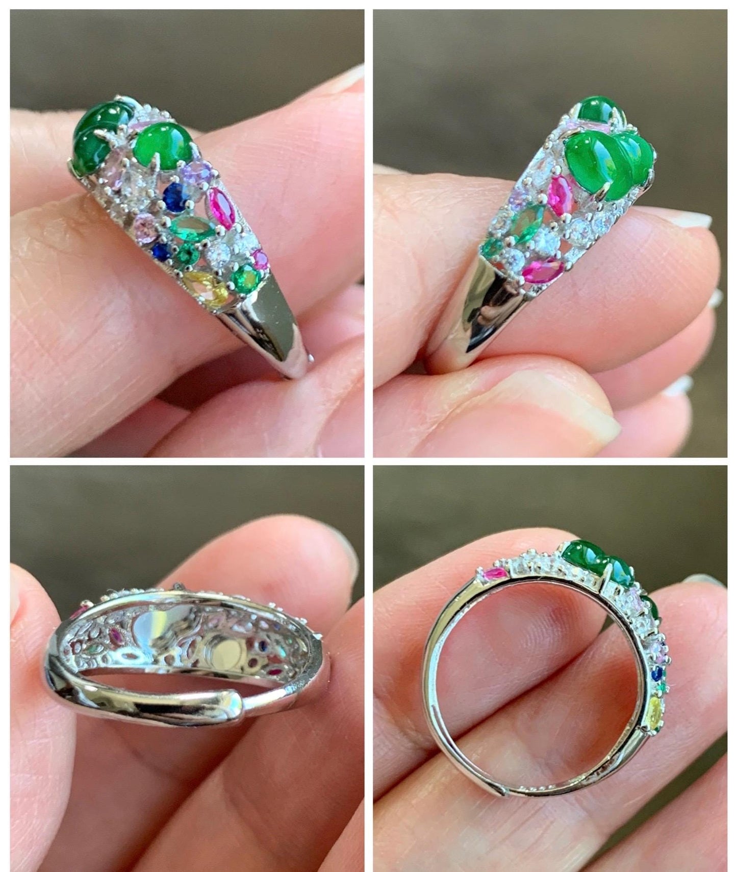 Natural Grade A Guatemalan Icy Translucent Vibrant Green Jade Jadeite Band Ring Sterling Silver Size 7 Adjustable 天然冰危绿翡翠花开富贵银镶戒指 HKFL98