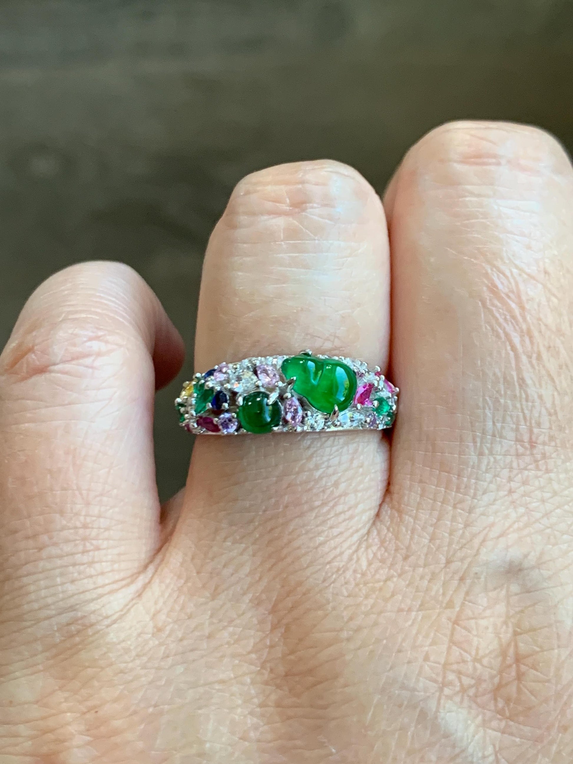 Natural Grade A Guatemalan Icy Translucent Vibrant Green Jade Jadeite Band Ring Sterling Silver Size 7 Adjustable 天然冰危绿翡翠花开富贵银镶戒指 HKFL98