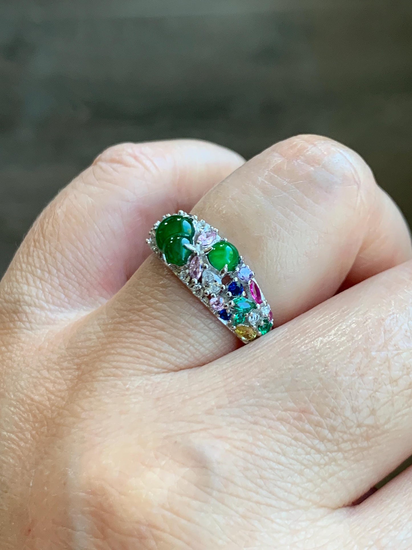 Natural Grade A Guatemalan Icy Translucent Vibrant Green Jade Jadeite Band Ring Sterling Silver Size 7 Adjustable 天然冰危绿翡翠花开富贵银镶戒指 HKFL98