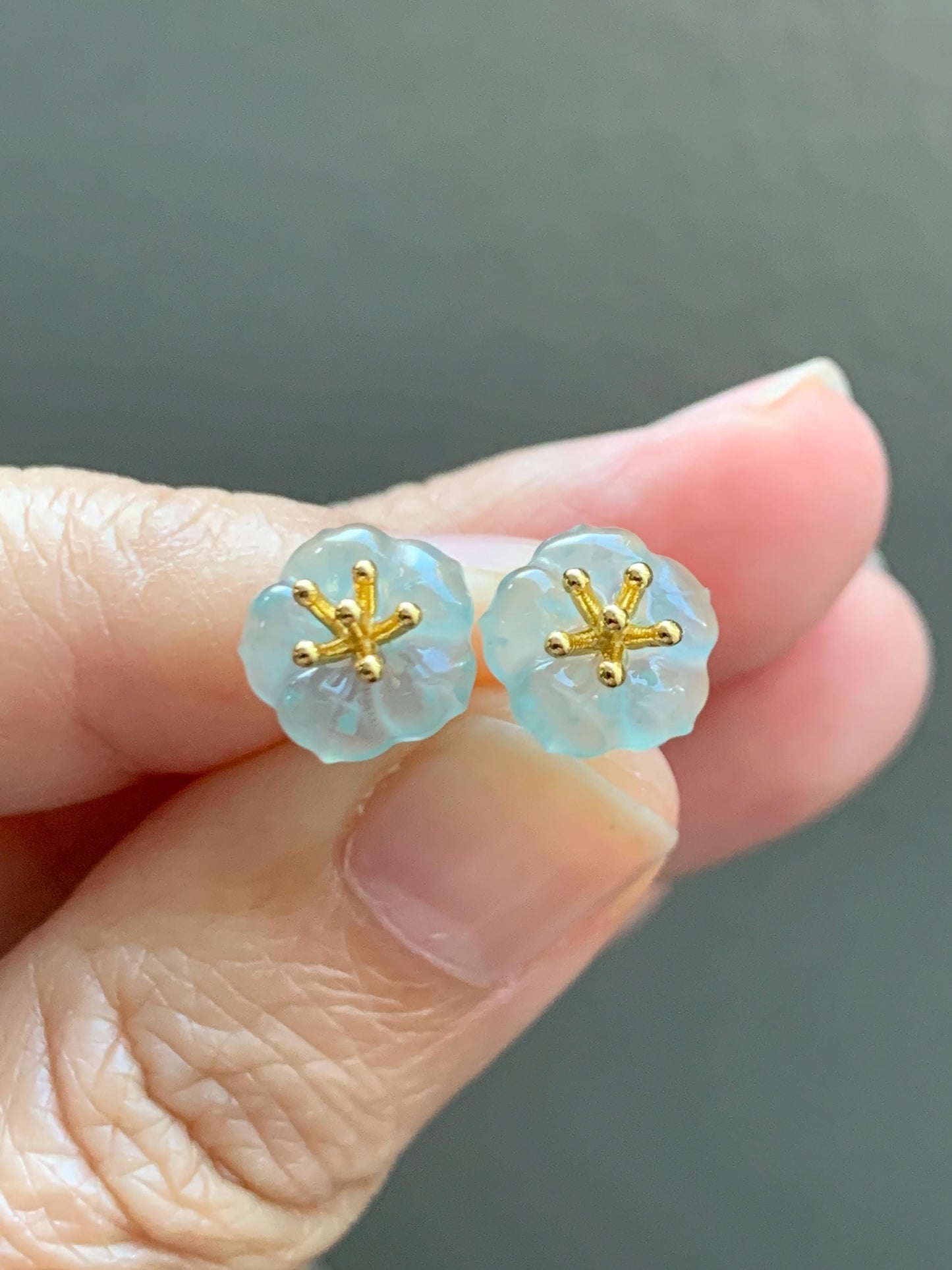 Natural Grade A Guatemalan Icy Highly Translucent Pastel Blue Jade Jadeite Cherry Blossom Stud Earring Sterling Silver 天然高冰危淡蓝翡翠梅花耳钉 BPM66
