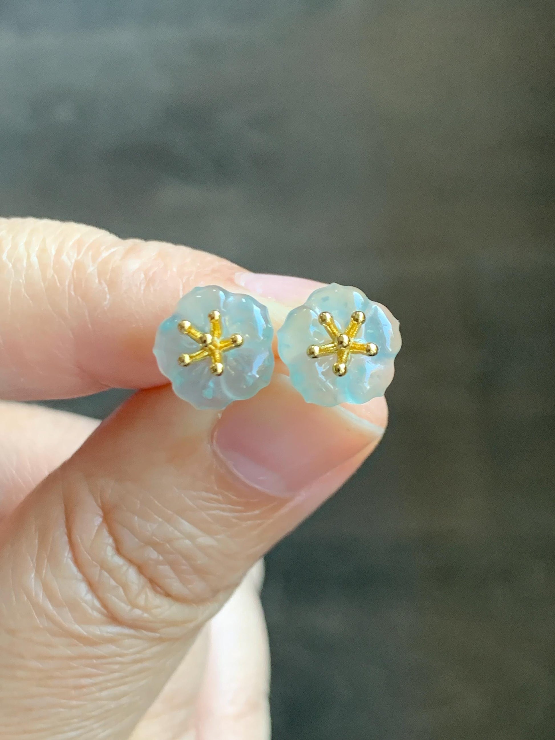 Natural Grade A Guatemalan Icy Highly Translucent Pastel Blue Jade Jadeite Cherry Blossom Stud Earring Sterling Silver 天然高冰危淡蓝翡翠梅花耳钉 BPM66