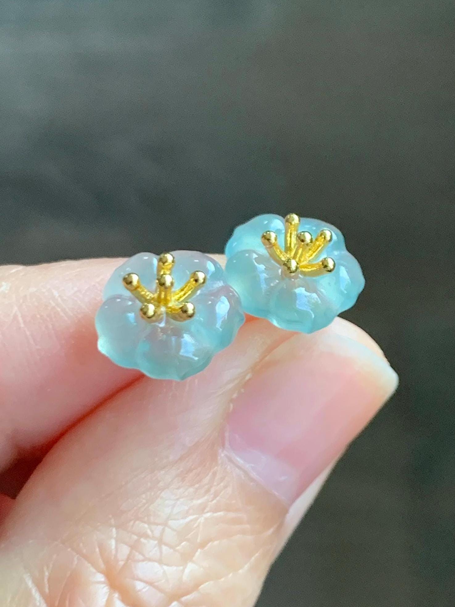 Natural Grade A Guatemalan Icy Highly Translucent Pastel Blue Jade Jadeite Cherry Blossom Stud Earring Sterling Silver 天然高冰危淡蓝翡翠梅花耳钉 BPM66
