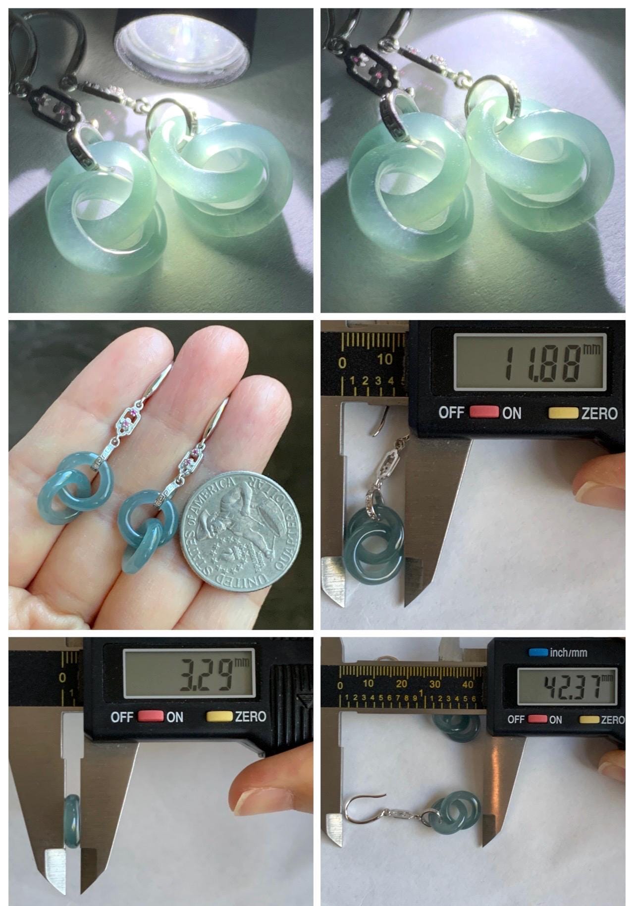 Natural Grade A Guatemalan Icy Translucent Dusty Teal Blue Jade Jadeite Interlocking Rings Earrings Sterling Silver 天然冰危蓝翡翠环环相扣耳钩 WLH148