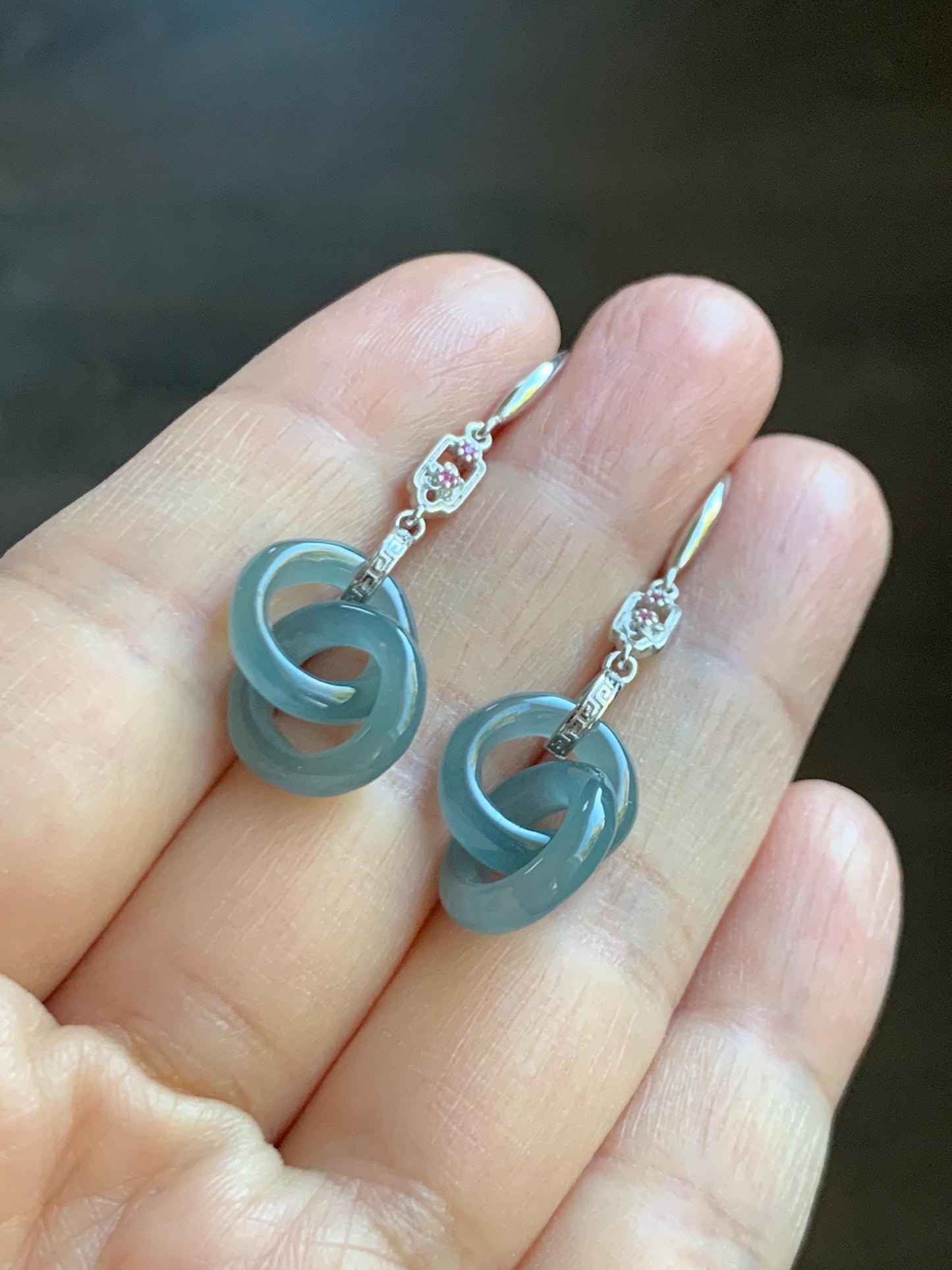 Natural Grade A Guatemalan Icy Translucent Dusty Teal Blue Jade Jadeite Interlocking Rings Earrings Sterling Silver 天然冰危蓝翡翠环环相扣耳钩 WLH148
