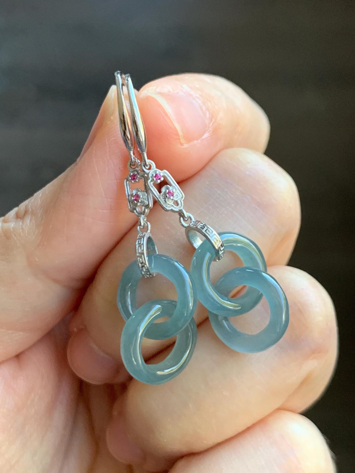 Natural Grade A Guatemalan Icy Translucent Dusty Teal Blue Jade Jadeite Interlocking Rings Earrings Sterling Silver 天然冰危蓝翡翠环环相扣耳钩 WLH148