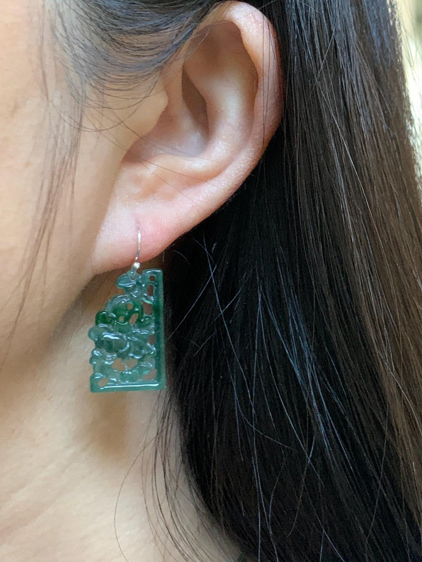 Natural Grade A Guatemalan Icy Highly Translucent Teal Green Jade Jadeite Openwork Engraved Earrings Sterling Silver 天然冰危淡蓝飘花翡翠镂空雕耳钩 WPL132