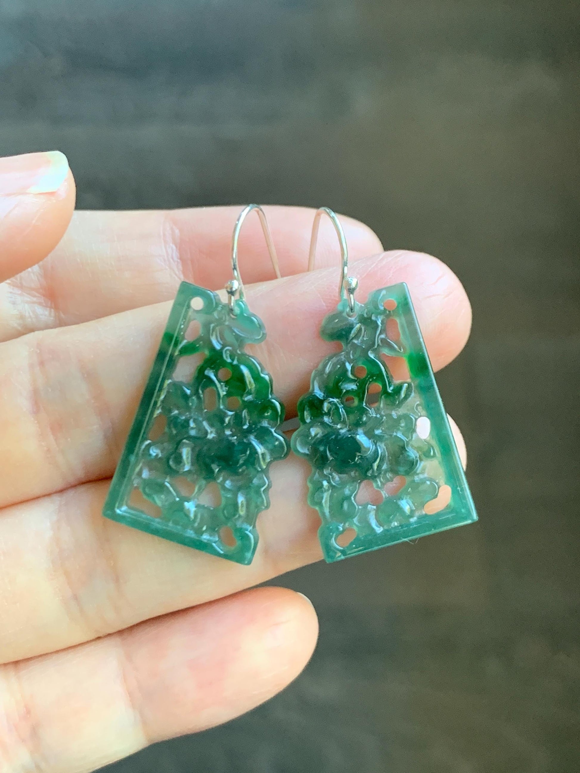 Natural Grade A Guatemalan Icy Highly Translucent Teal Green Jade Jadeite Openwork Engraved Earrings Sterling Silver 天然冰危淡蓝飘花翡翠镂空雕耳钩 WPL132
