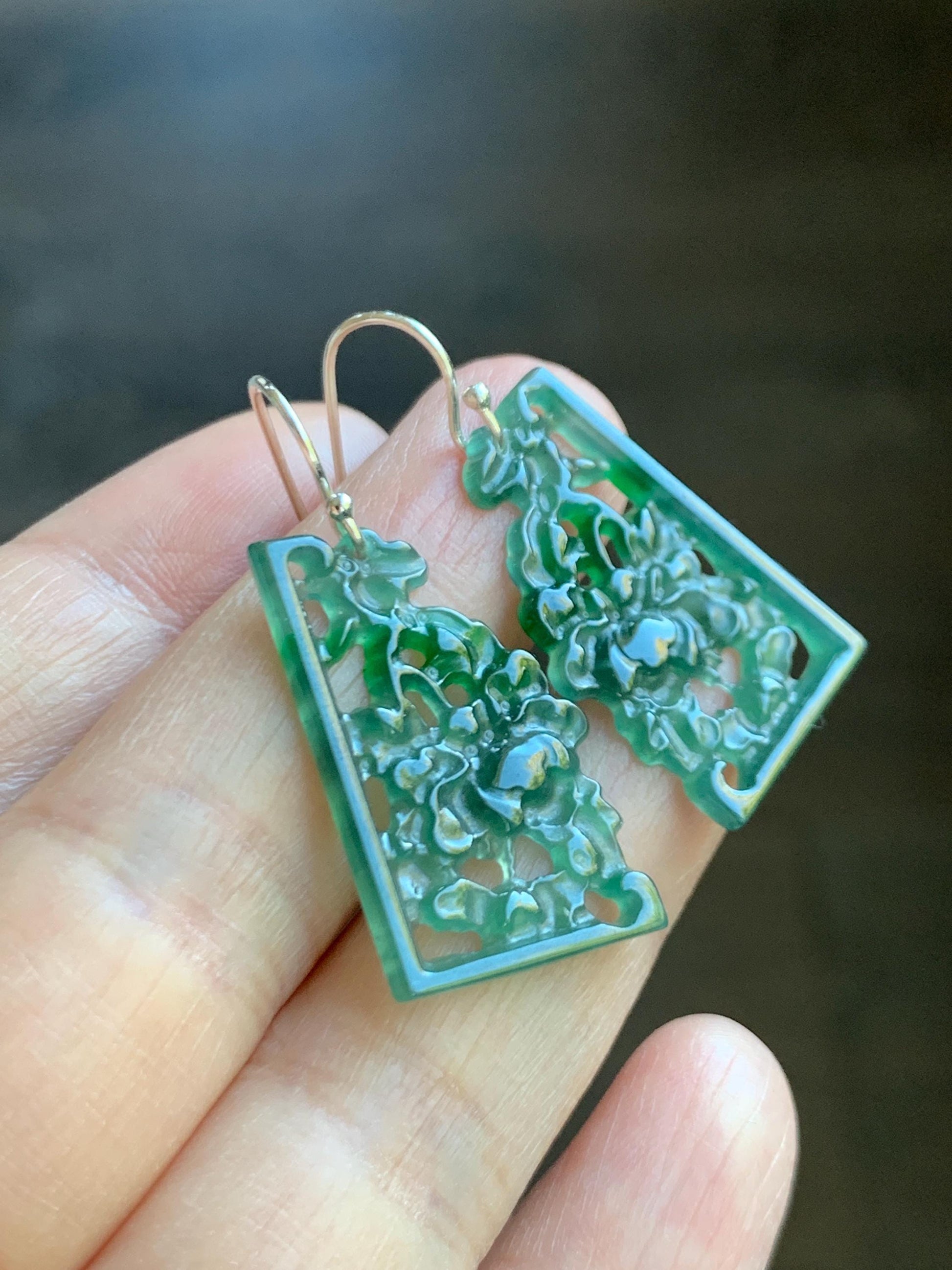 Natural Grade A Guatemalan Icy Highly Translucent Teal Green Jade Jadeite Openwork Engraved Earrings Sterling Silver 天然冰危淡蓝飘花翡翠镂空雕耳钩 WPL132