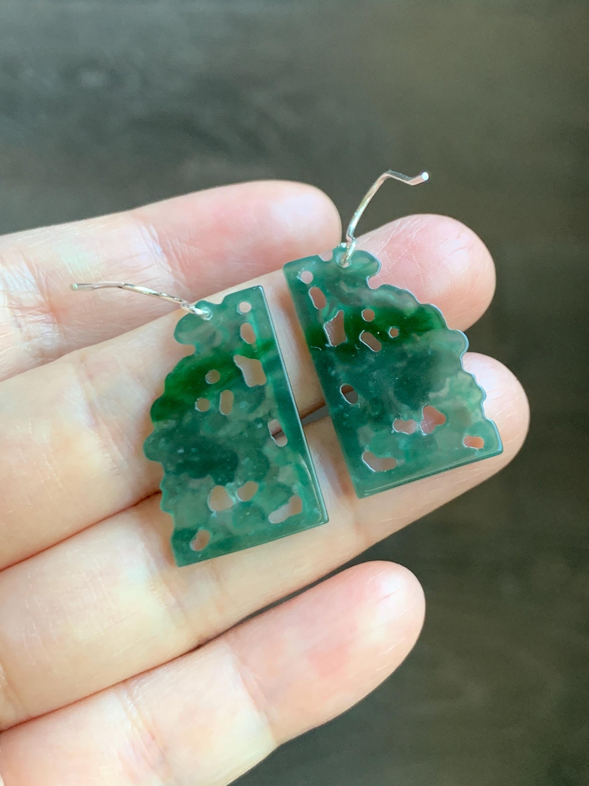 Natural Grade A Guatemalan Icy Highly Translucent Teal Green Jade Jadeite Openwork Engraved Earrings Sterling Silver 天然冰危淡蓝飘花翡翠镂空雕耳钩 WPL132