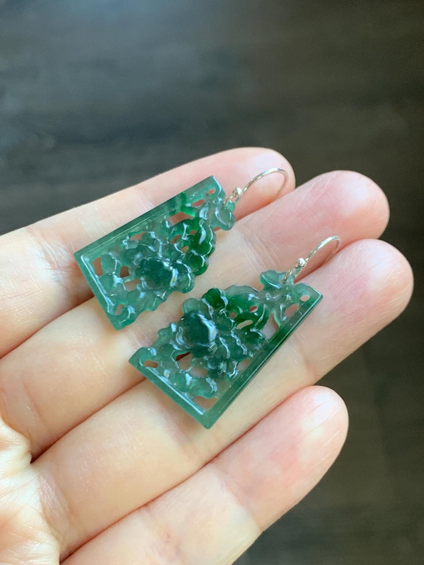 Natural Grade A Guatemalan Icy Highly Translucent Teal Green Jade Jadeite Openwork Engraved Earrings Sterling Silver 天然冰危淡蓝飘花翡翠镂空雕耳钩 WPL132