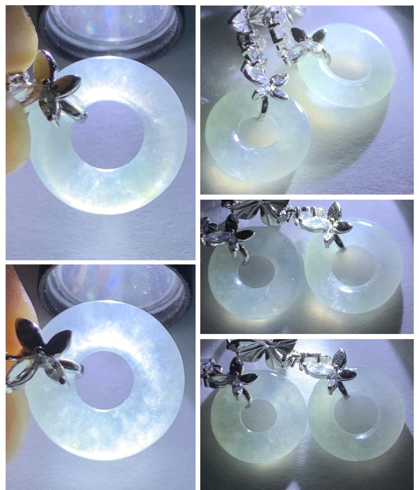 Natural Grade A Icy Translucent White Jade Jadeite Ping An Kou Donut Dangle Earrings Sterling Silver 天然白冰翡翠平安扣耳钩 MBK140A