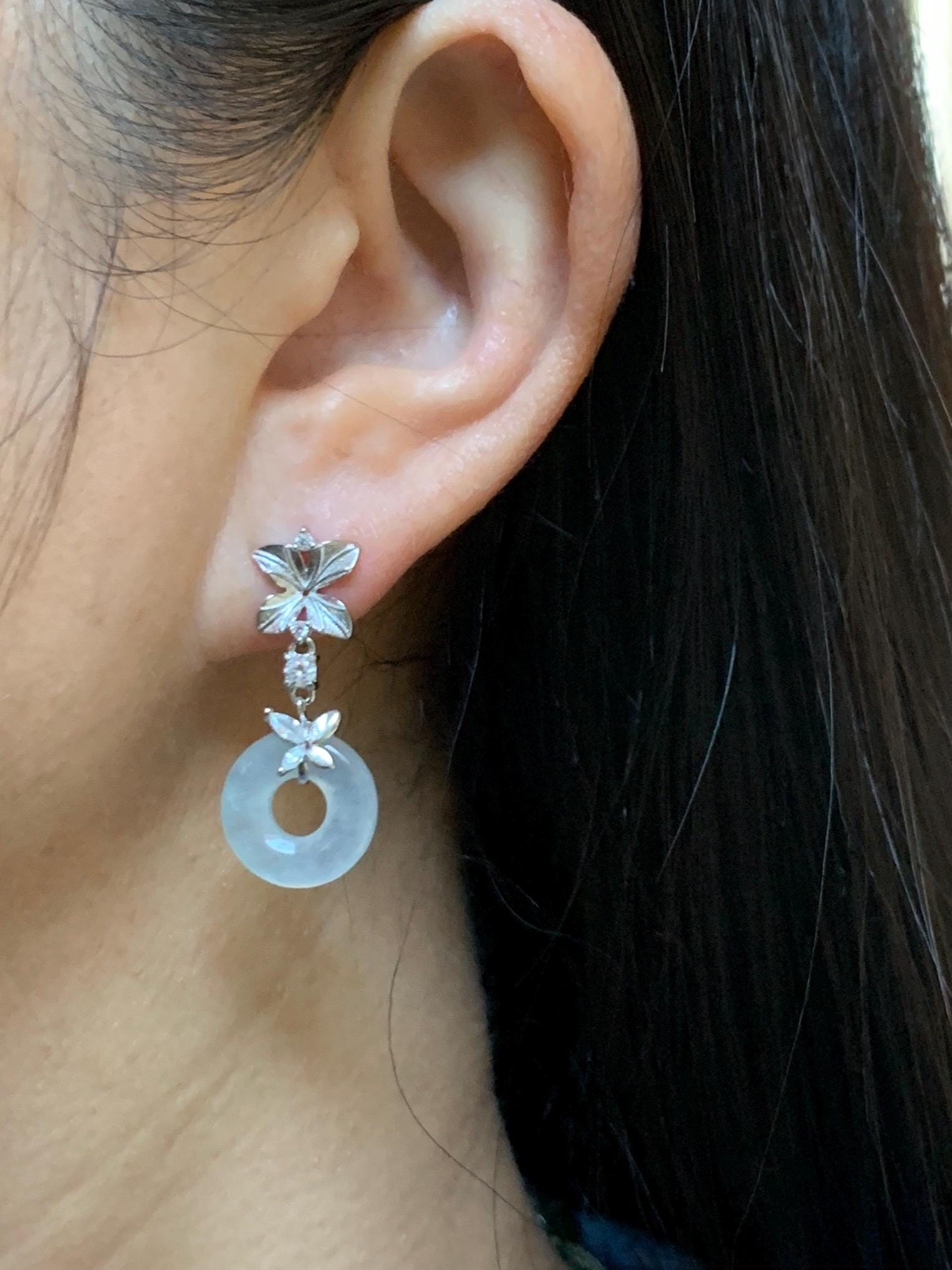 Natural Grade A Icy Translucent White Jade Jadeite Ping An Kou Donut Dangle Earrings Sterling Silver 天然白冰翡翠平安扣耳钩 MBK140A