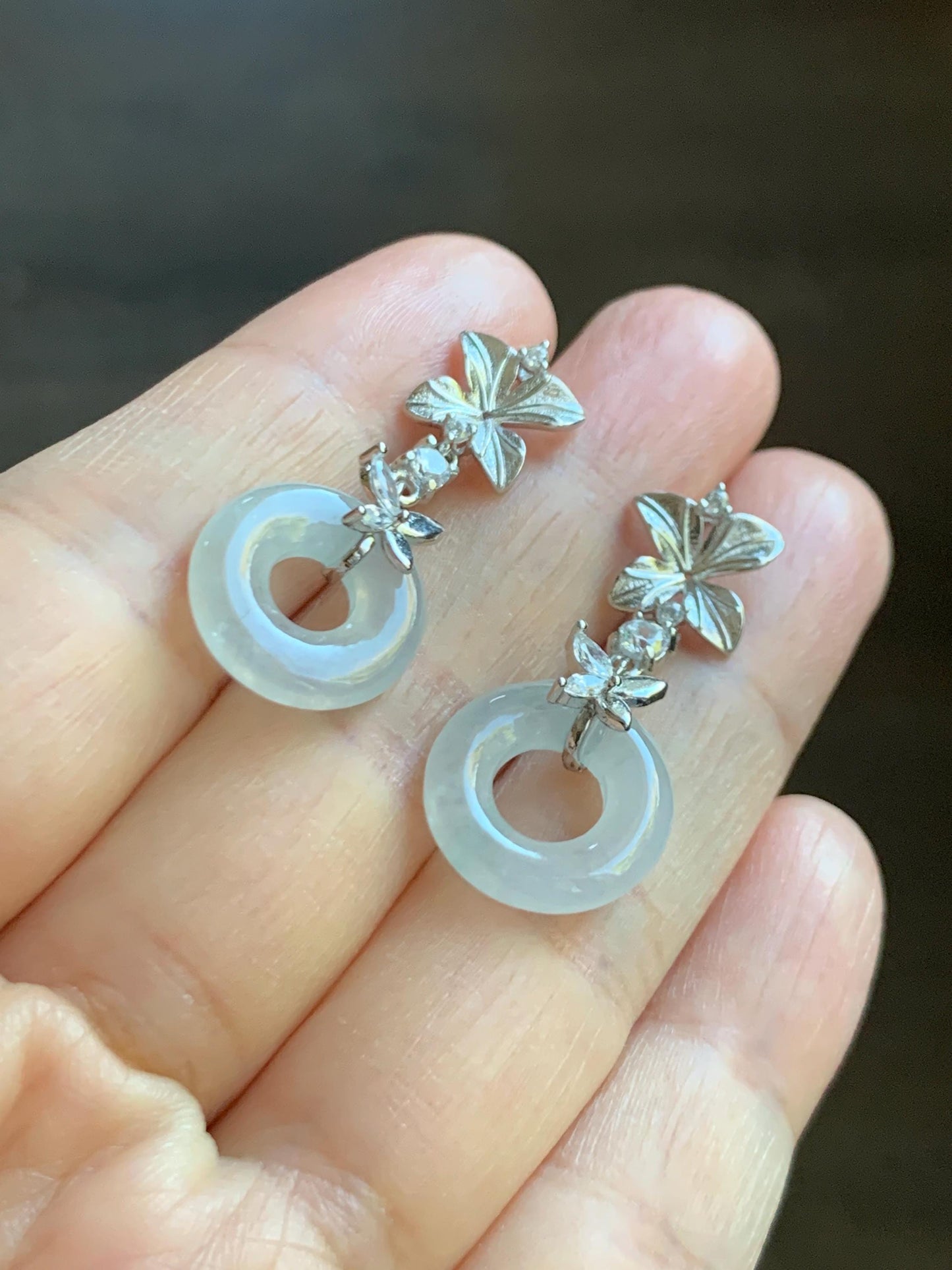 Natural Grade A Icy Translucent White Jade Jadeite Ping An Kou Donut Dangle Earrings Sterling Silver 天然白冰翡翠平安扣耳钩 MBK140A