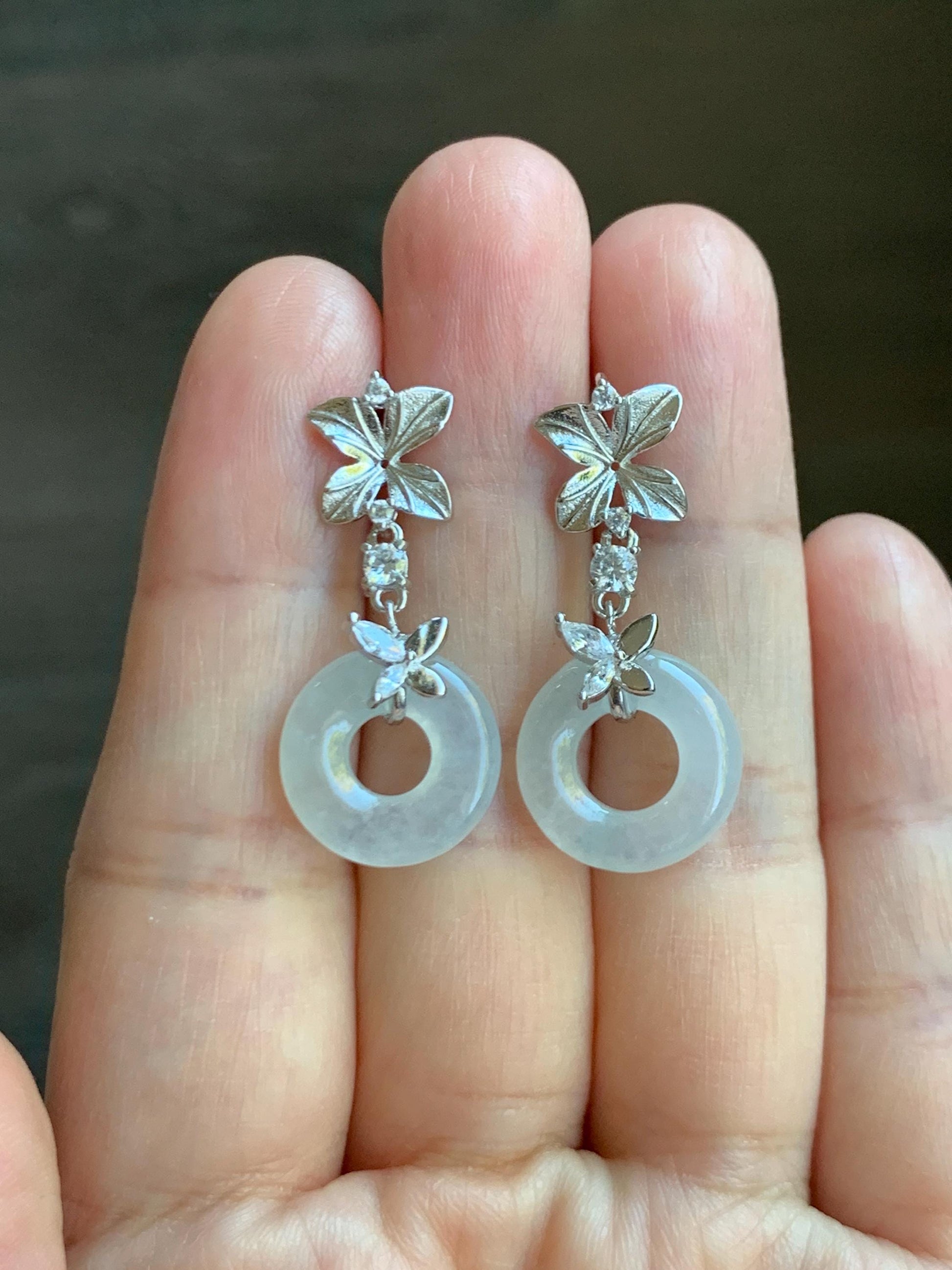 Natural Grade A Icy Translucent White Jade Jadeite Ping An Kou Donut Dangle Earrings Sterling Silver 天然白冰翡翠平安扣耳钩 MBK140A
