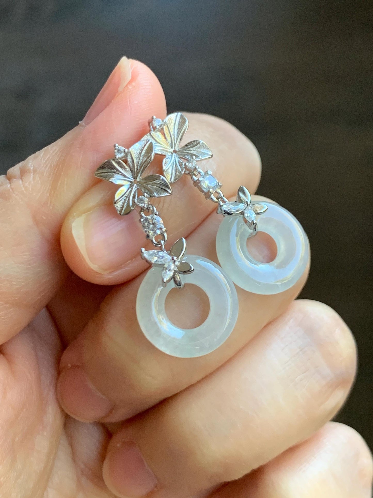 Natural Grade A Icy Translucent White Jade Jadeite Ping An Kou Donut Dangle Earrings Sterling Silver 天然白冰翡翠平安扣耳钩 MBK140A