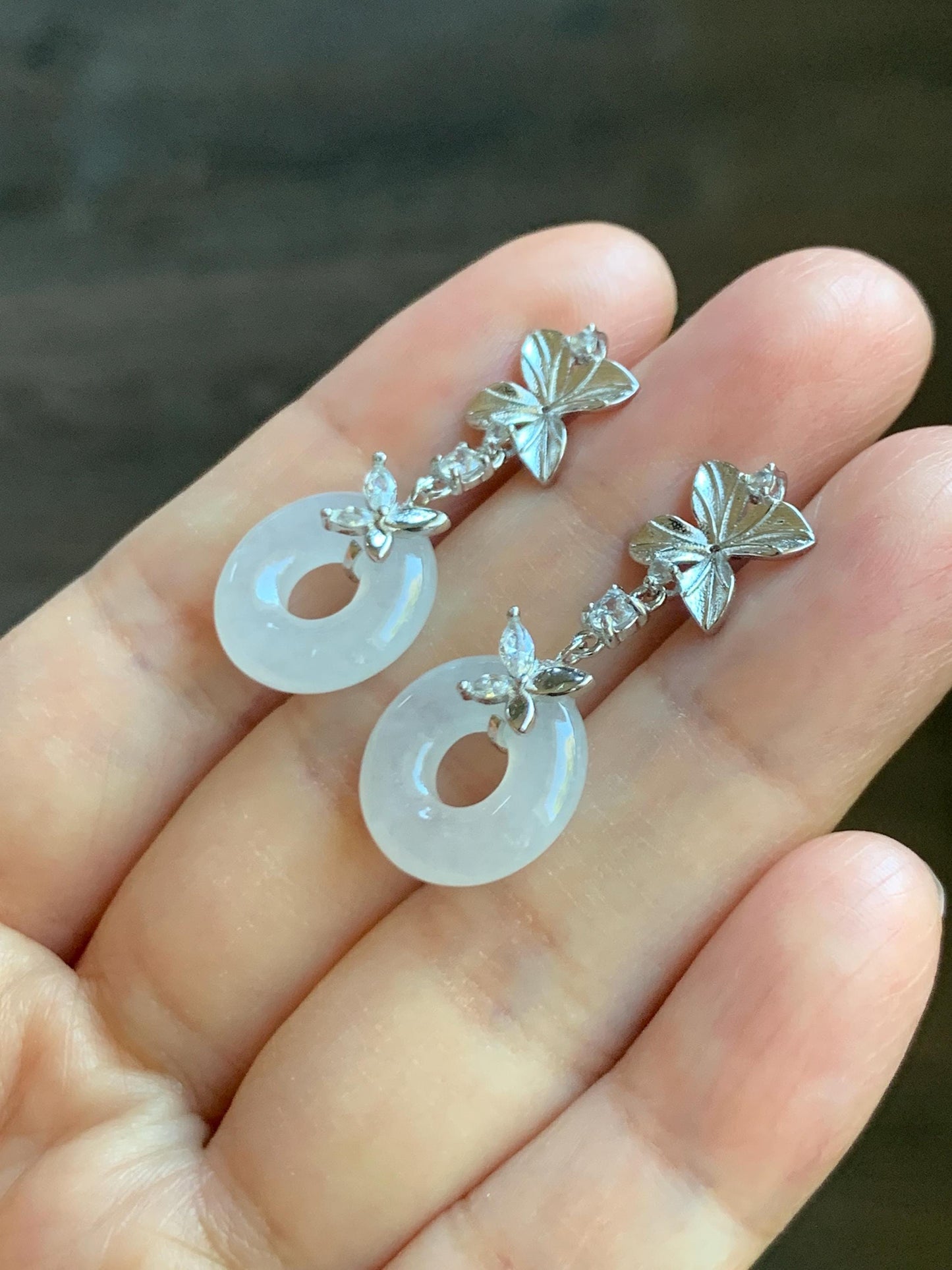 Natural Grade A Icy Translucent White Jade Jadeite Ping An Kou Donut Dangle Earrings Sterling Silver 天然白冰翡翠平安扣耳钩 MBK140B
