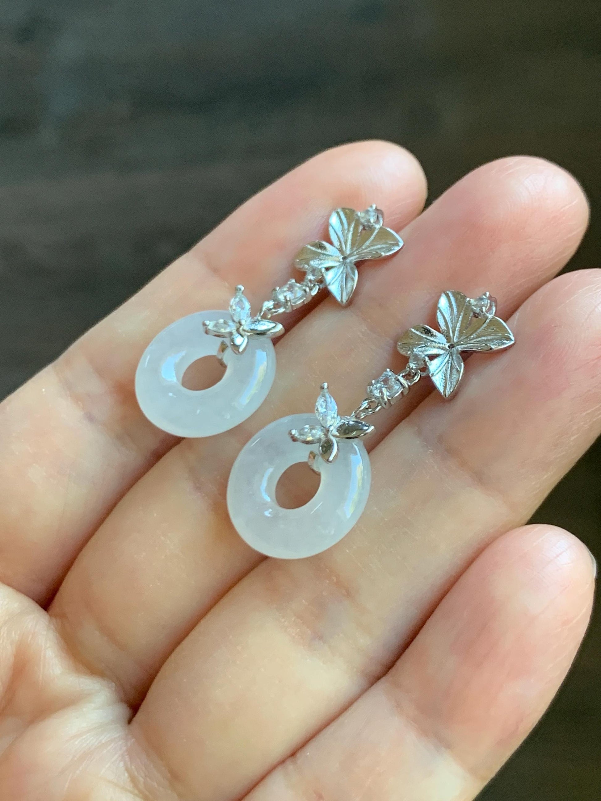 Natural Grade A Icy Translucent White Jade Jadeite Ping An Kou Donut Dangle Earrings Sterling Silver 天然白冰翡翠平安扣耳钩 MBK140B