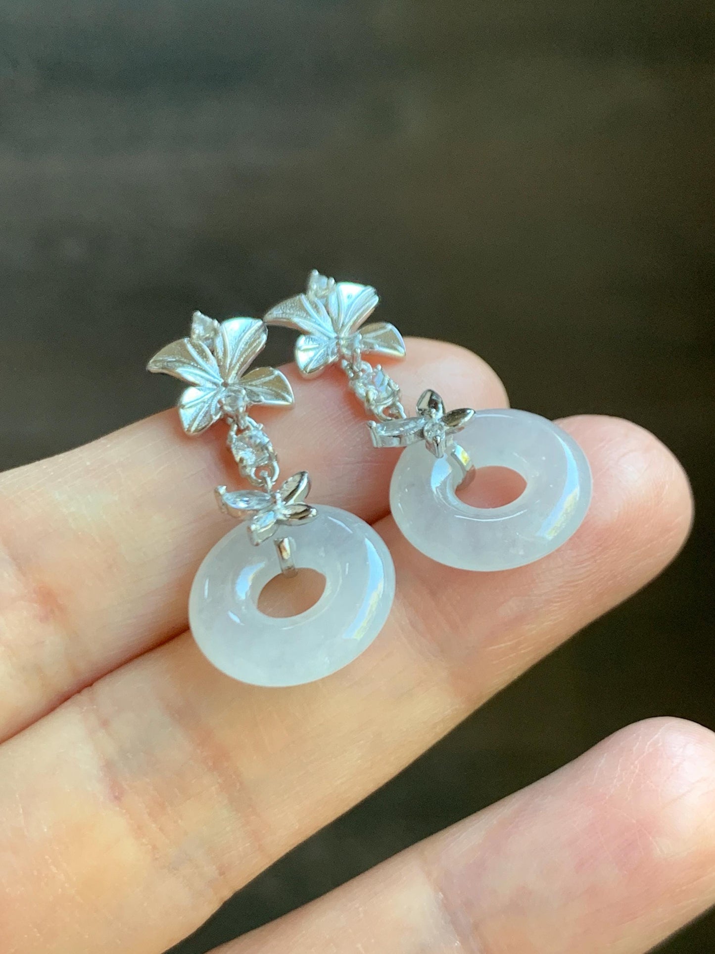 Natural Grade A Icy Translucent White Jade Jadeite Ping An Kou Donut Dangle Earrings Sterling Silver 天然白冰翡翠平安扣耳钩 MBK140B