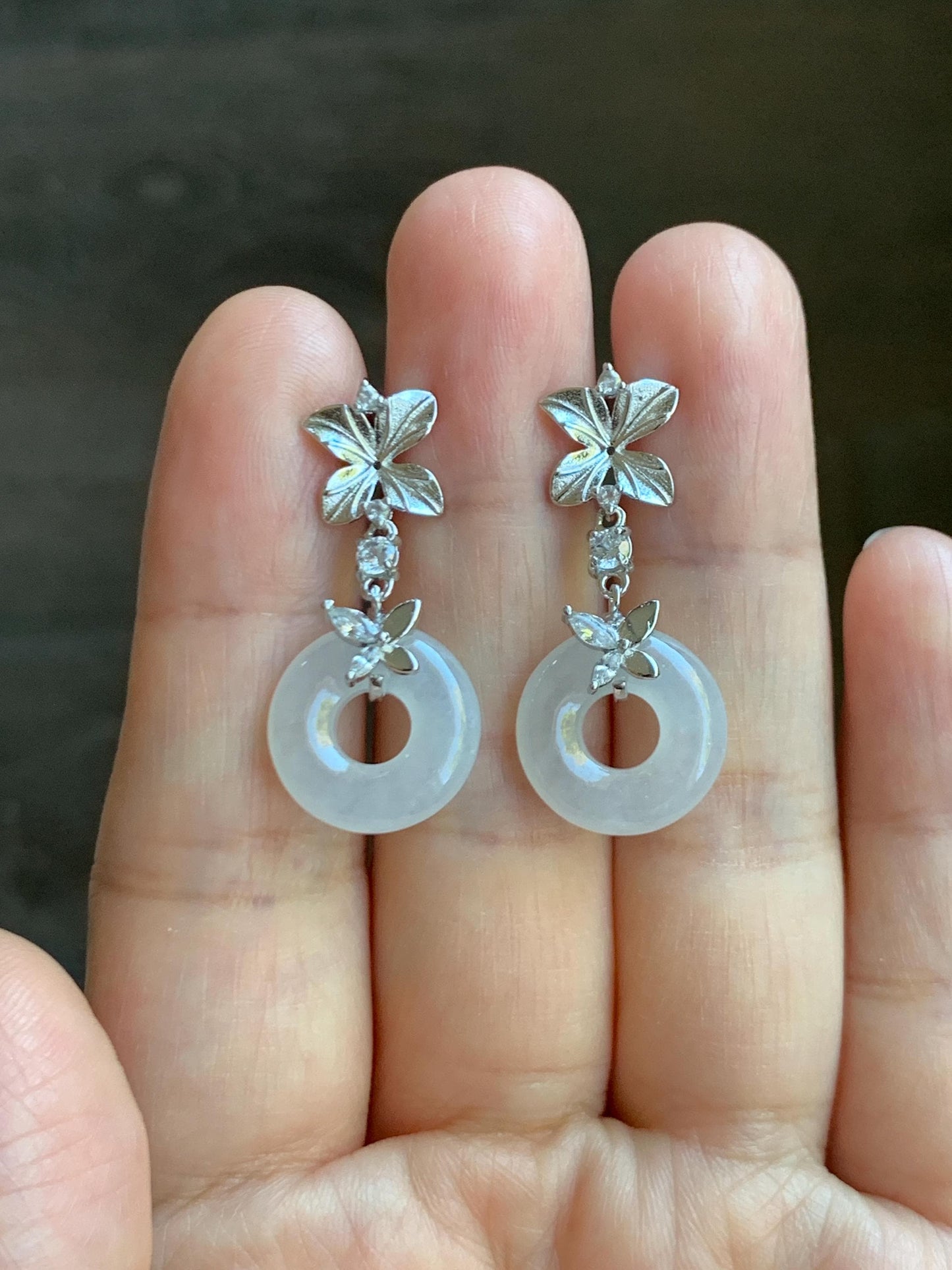 Natural Grade A Icy Translucent White Jade Jadeite Ping An Kou Donut Dangle Earrings Sterling Silver 天然白冰翡翠平安扣耳钩 MBK140B