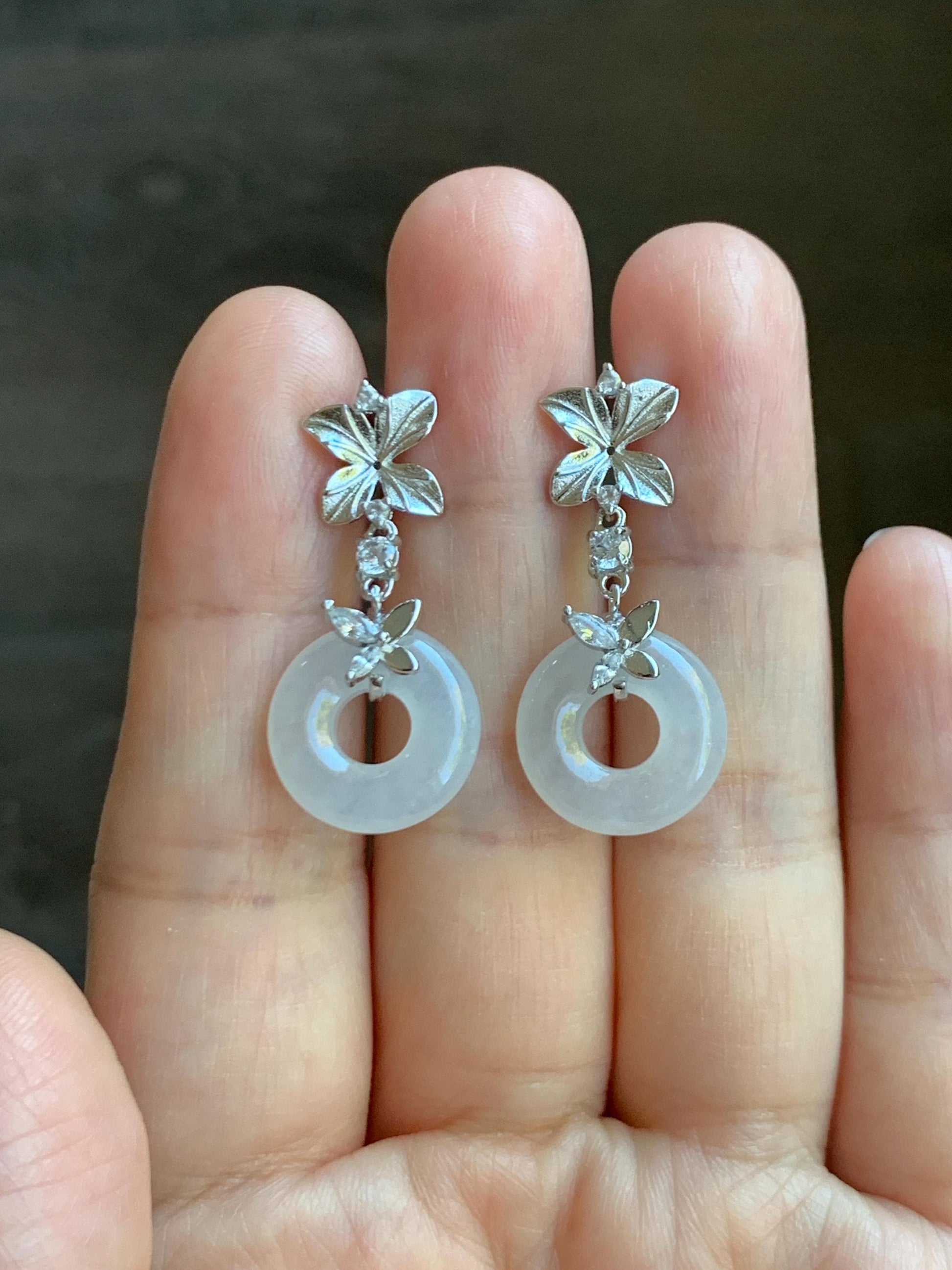 Natural Grade A Icy Translucent White Jade Jadeite Ping An Kou Donut Dangle Earrings Sterling Silver 天然白冰翡翠平安扣耳钩 MBK140B