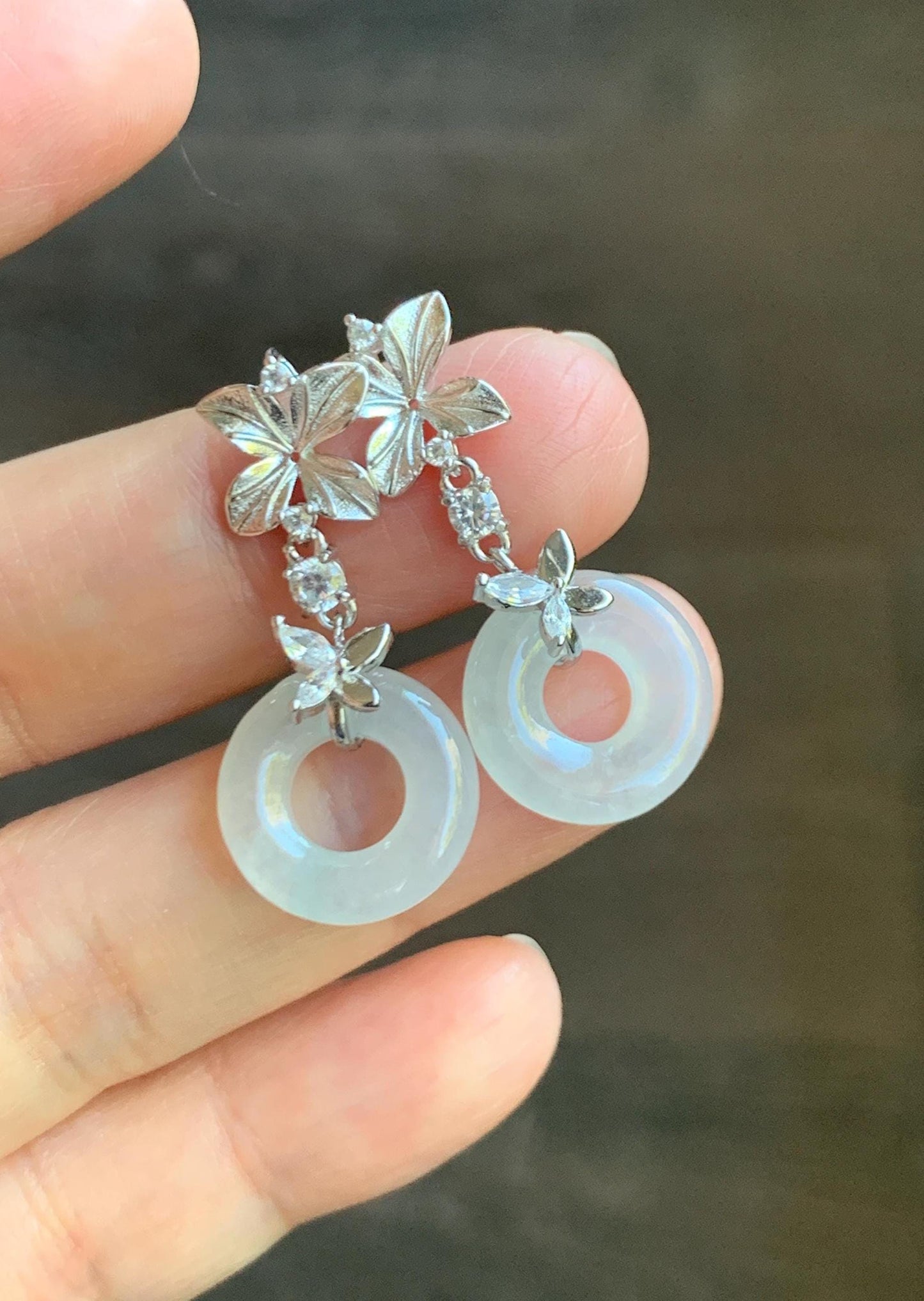 Natural Grade A Icy Translucent White Jade Jadeite Ping An Kou Donut Dangle Earrings Sterling Silver 天然白冰翡翠平安扣耳钩 MBK140A
