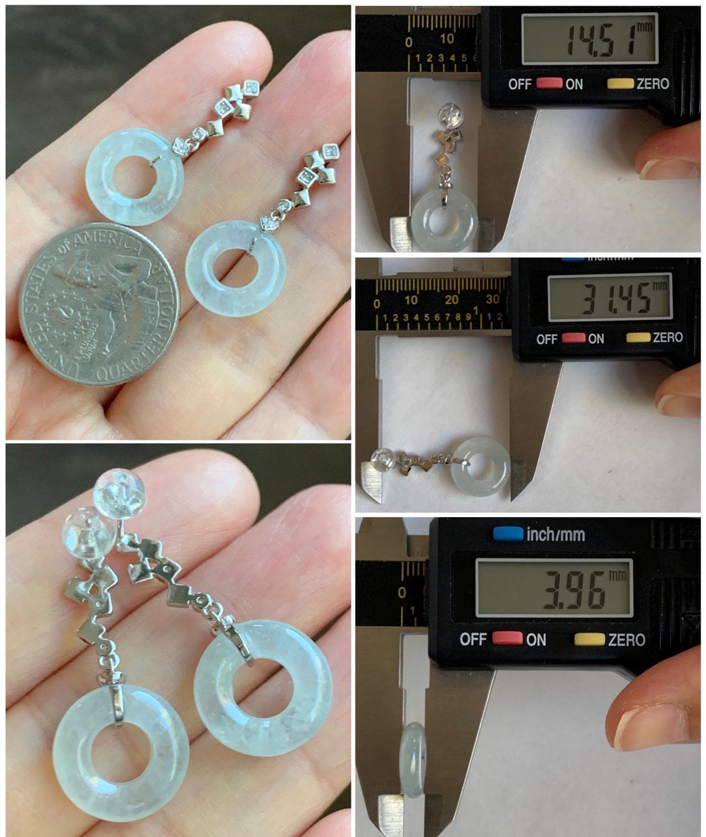 Natural Grade A Icy Translucent White Jade Jadeite Ping An Kou Donut Dangle Earrings Sterling Silver 天然白冰翡翠平安扣耳钩 MBK140C