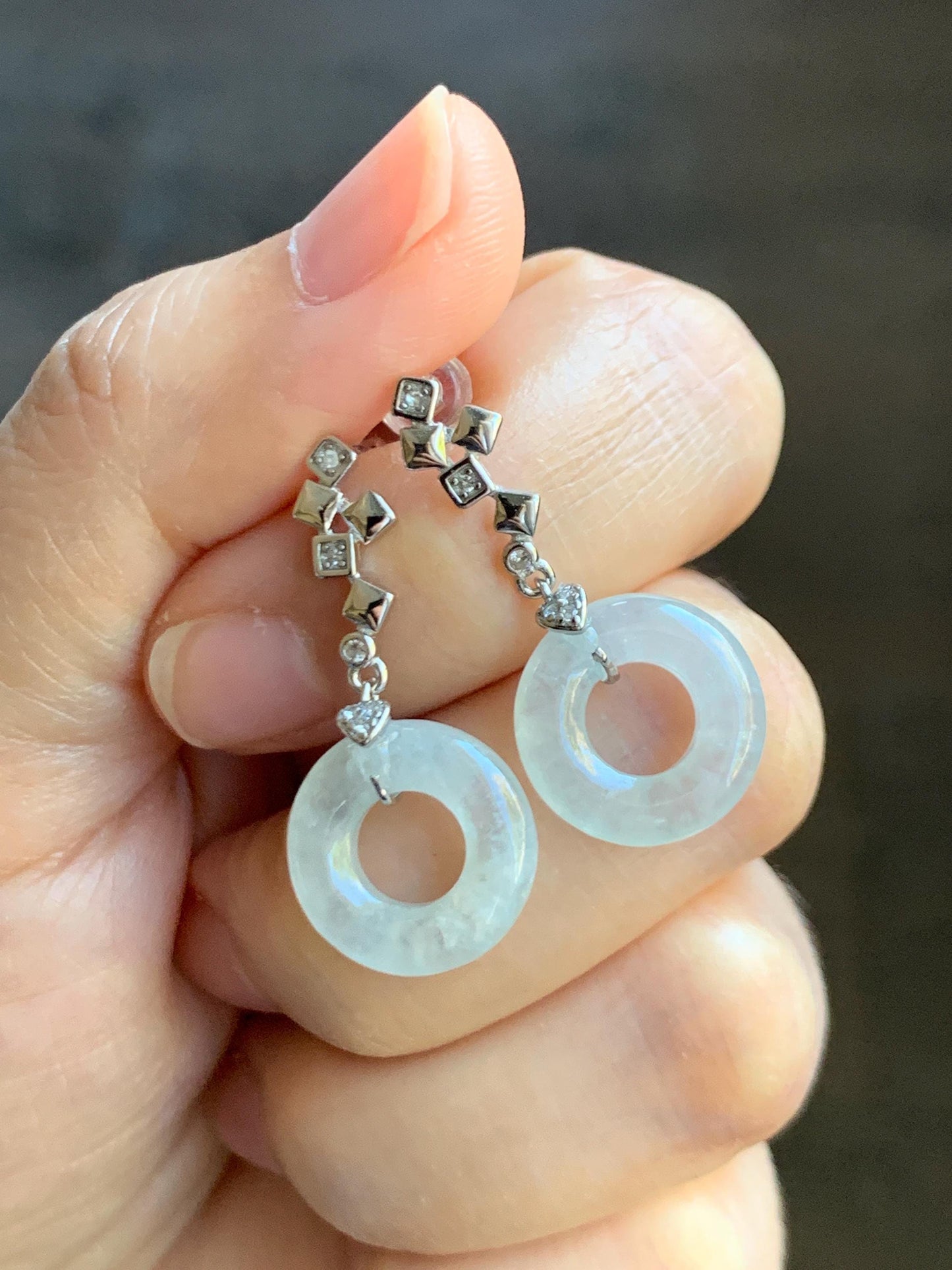 Natural Grade A Icy Translucent White Jade Jadeite Ping An Kou Donut Dangle Earrings Sterling Silver 天然白冰翡翠平安扣耳钩 MBK140C