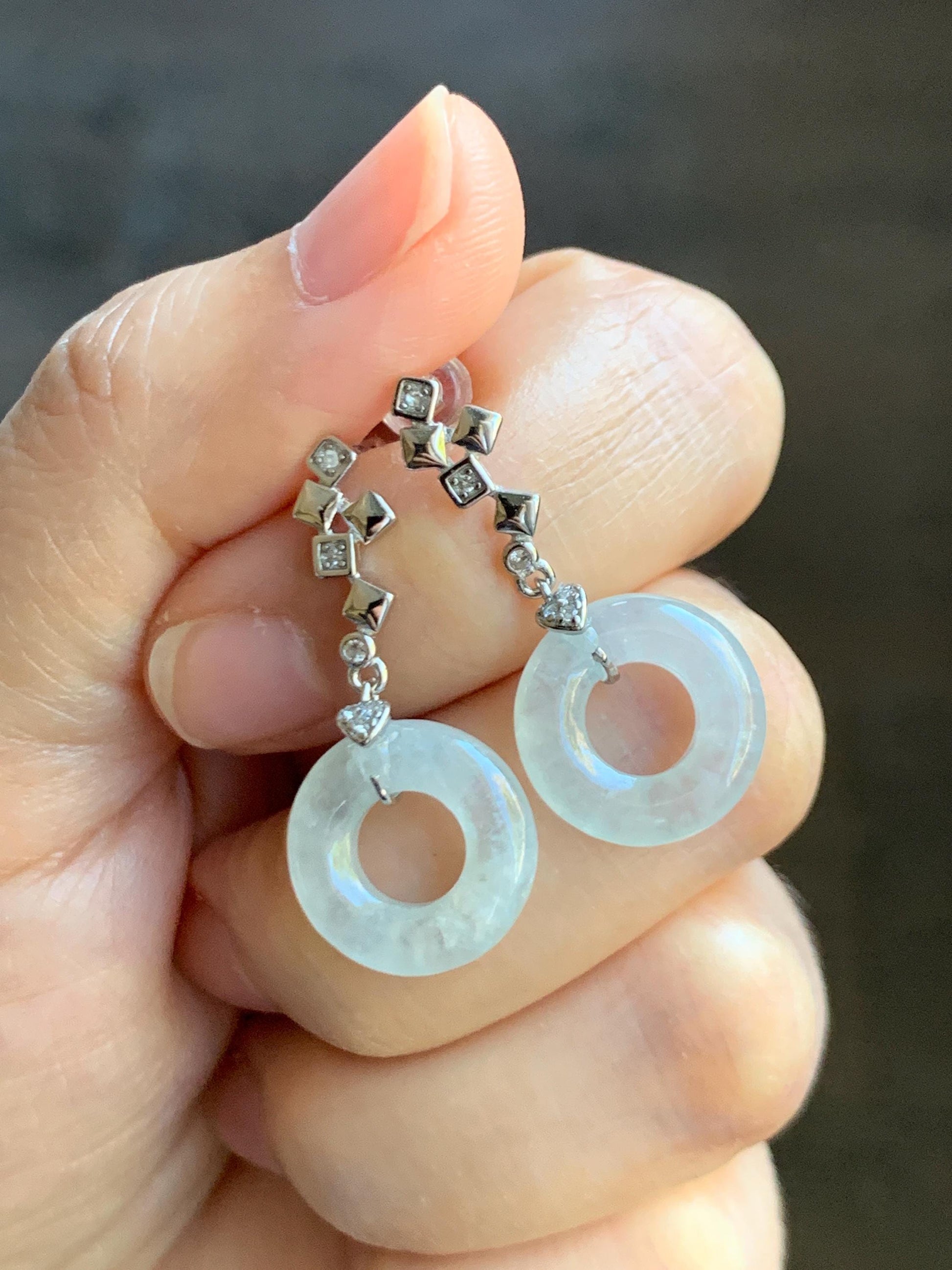 Natural Grade A Icy Translucent White Jade Jadeite Ping An Kou Donut Dangle Earrings Sterling Silver 天然白冰翡翠平安扣耳钩 MBK140C