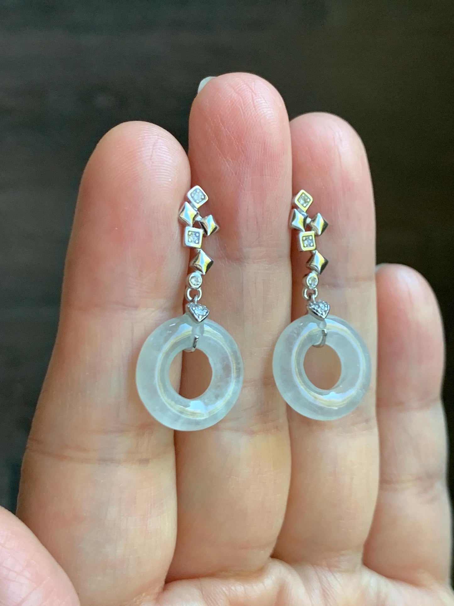 Natural Grade A Icy Translucent White Jade Jadeite Ping An Kou Donut Dangle Earrings Sterling Silver 天然白冰翡翠平安扣耳钩 MBK140C