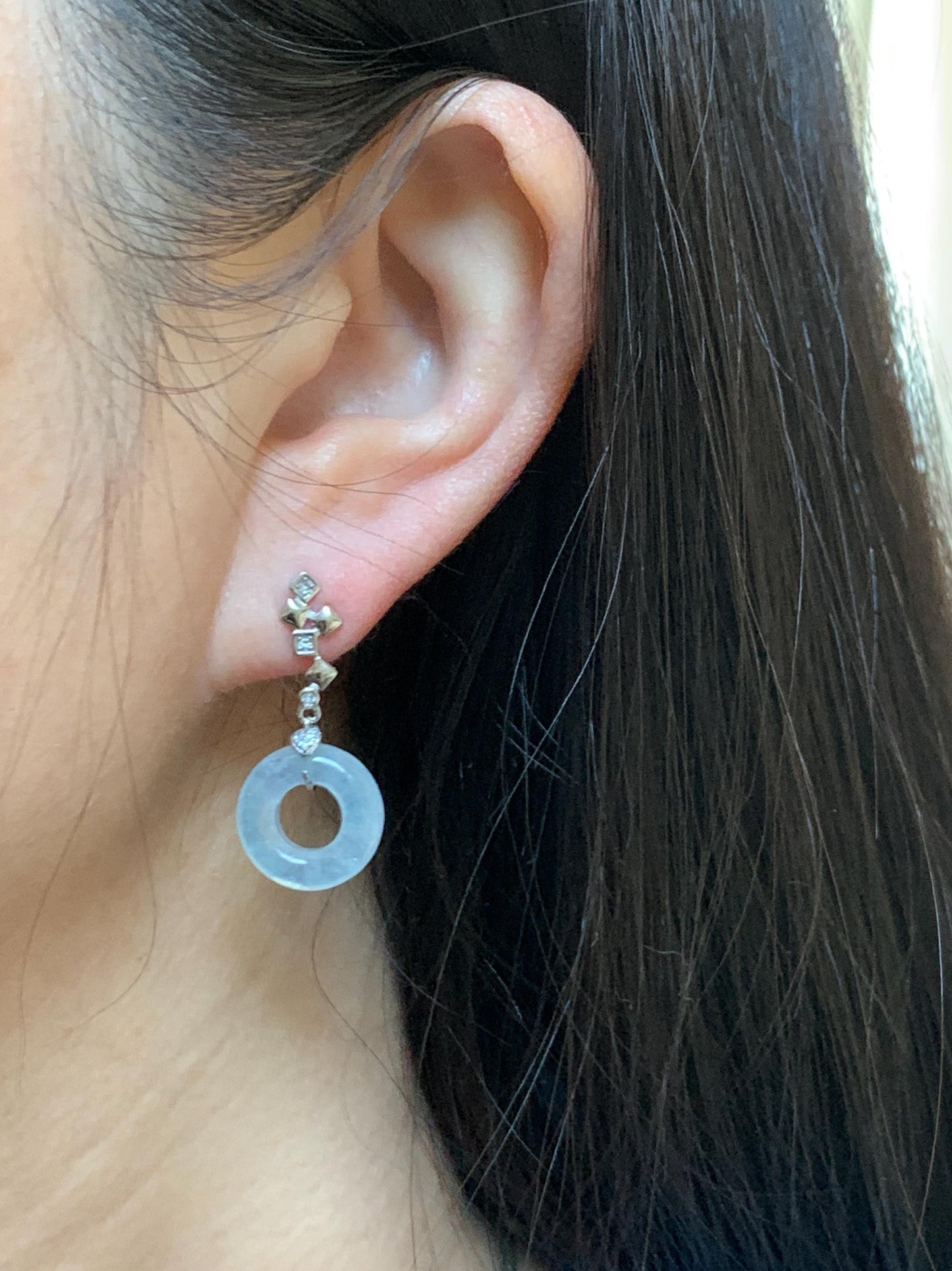 Natural Grade A Icy Translucent White Jade Jadeite Ping An Kou Donut Dangle Earrings Sterling Silver 天然白冰翡翠平安扣耳钩 MBK140C