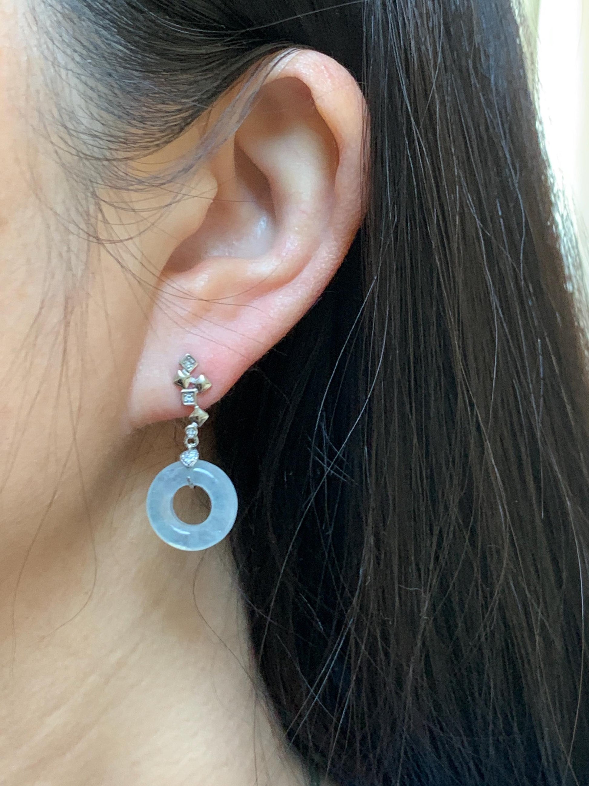 Natural Grade A Icy Translucent White Jade Jadeite Ping An Kou Donut Dangle Earrings Sterling Silver 天然白冰翡翠平安扣耳钩 MBK140C