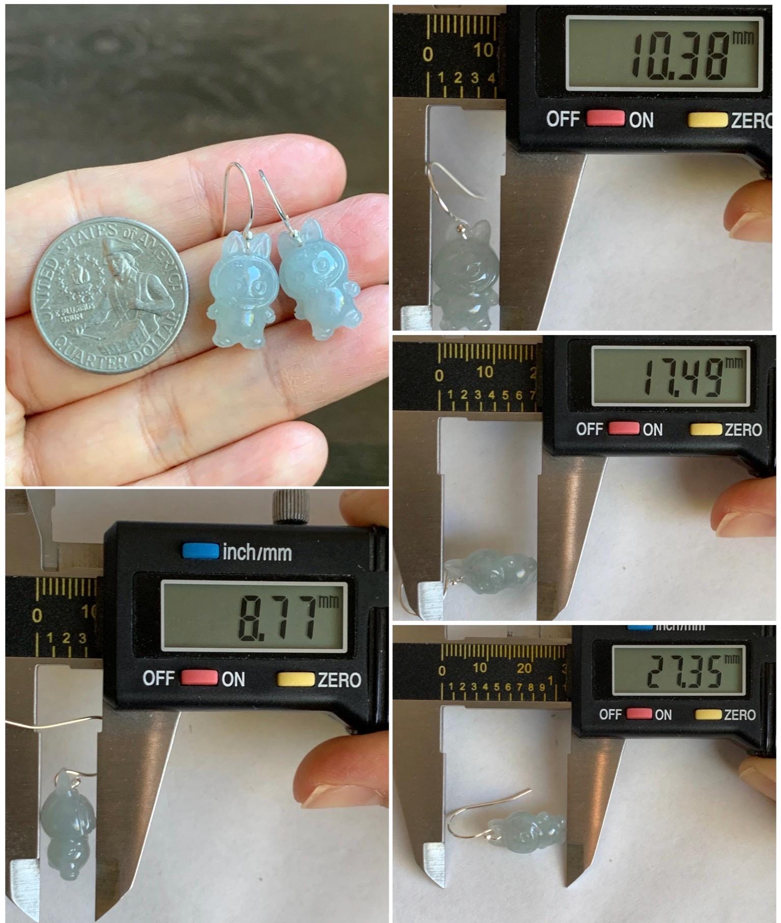 Natural Grade A Icy Translucent Pastel Blue Jade Jadeite Carved Monster Plush Earrings Sterling Silver 天然冰胶浅蓝底翡翠耳钩 ELBB88