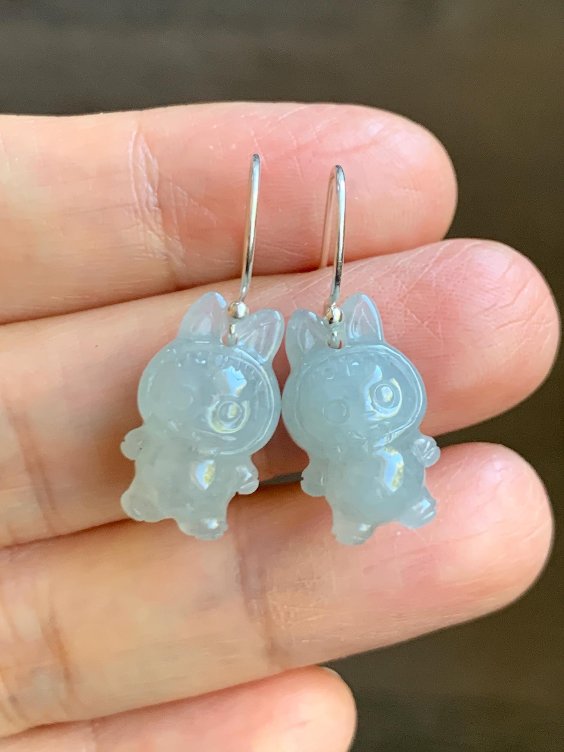 Natural Grade A Icy Translucent Pastel Blue Jade Jadeite Carved Monster Plush Earrings Sterling Silver 天然冰胶浅蓝底翡翠耳钩 ELBB88
