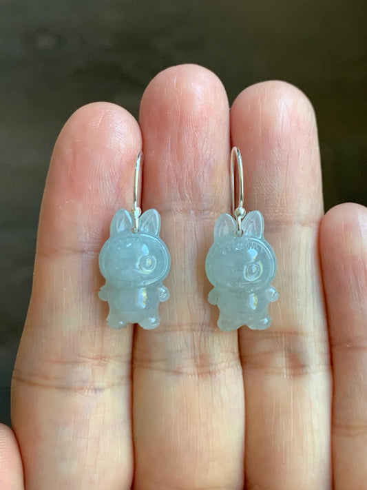 Natural Grade A Icy Translucent Pastel Blue Jade Jadeite Carved Monster Plush Earrings Sterling Silver 天然冰胶浅蓝底翡翠耳钩 ELBB88