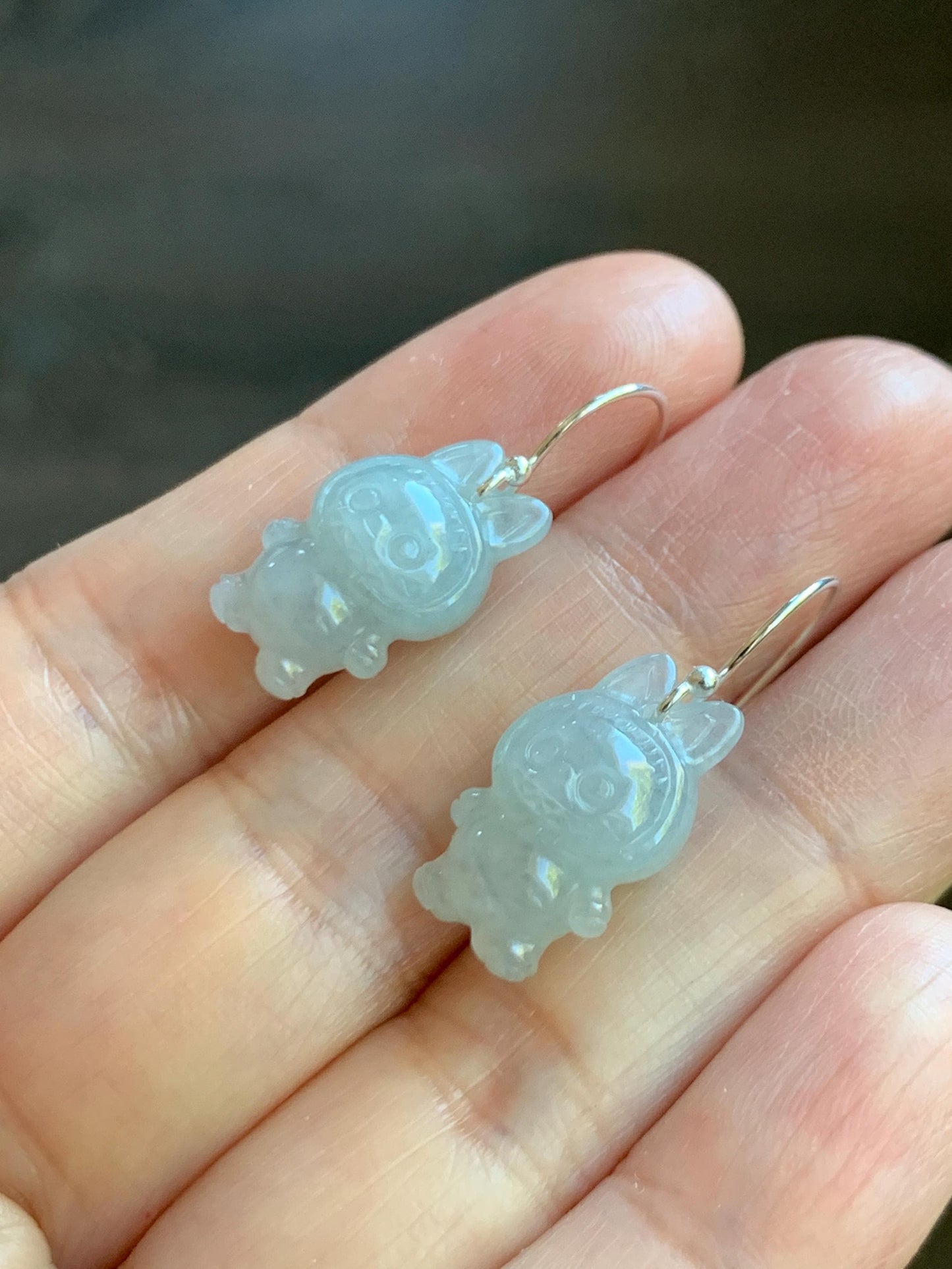 Natural Grade A Icy Translucent Pastel Blue Jade Jadeite Carved Monster Plush Earrings Sterling Silver 天然冰胶浅蓝底翡翠耳钩 ELBB88